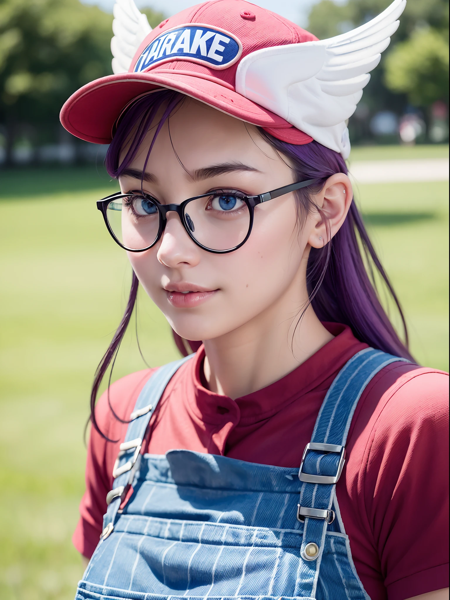 (masterpiece, best quality:1.4), (standing:1.5) (dynamic pose:1), 1girl, solo, (european youth:1), arale, glasses, blue eyes, long hair, purple hair, short sleeves, wing hat, (red cap), (wing cap:1.5), red shirt, blue overalls, looking at viewer, beautifull smile, beautiful face, highly detailed face, highly detailed eyes, highly detailed skin, skin pores, subsurface scattering, realistic pupils, full face blush, full lips, detailed background, depth of field, volumetric lighting, sharp focus, absurdres, realistic proportions, good anatomy, (realistic, hyperrealistic:1.4), 16k hdr,