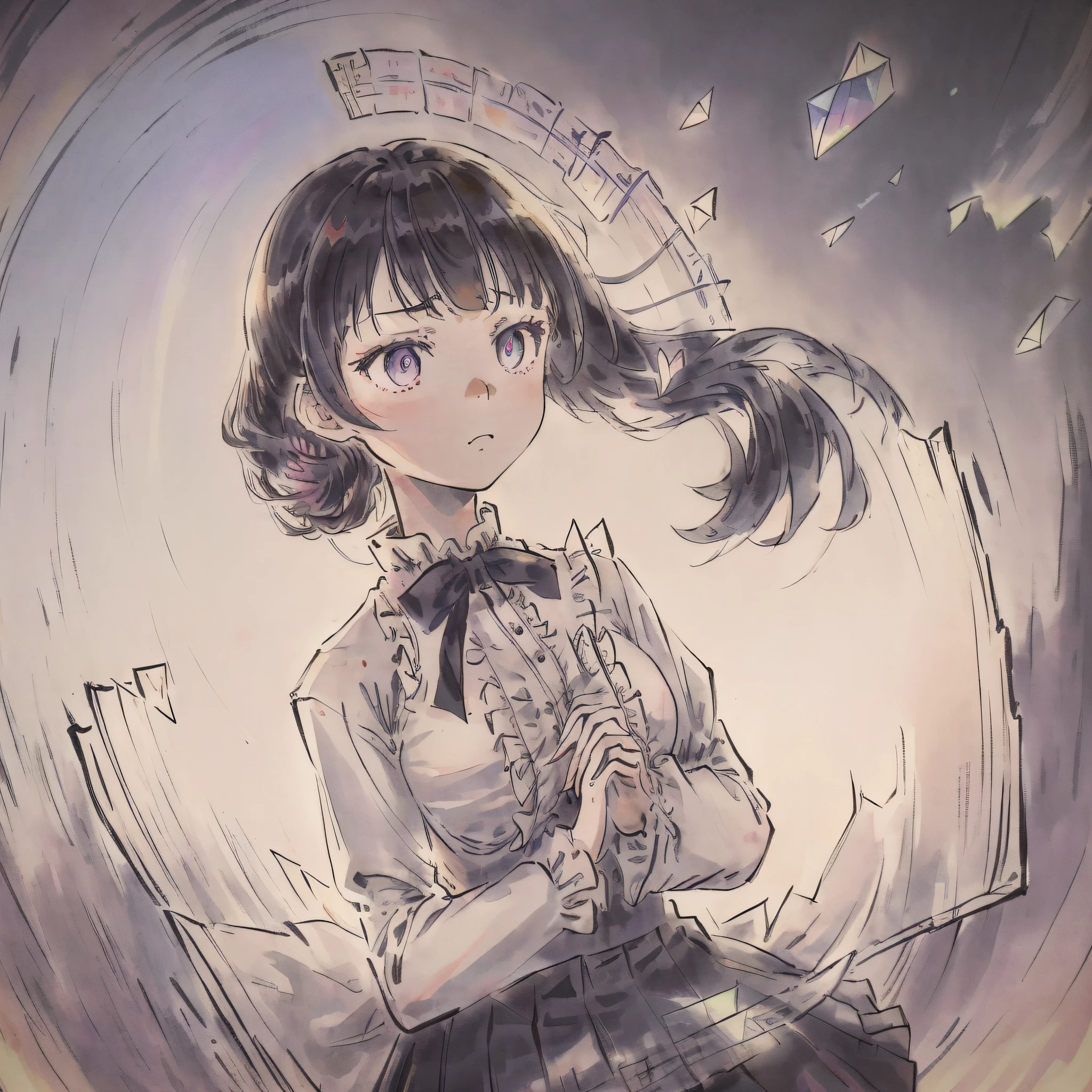 ((illustration)), ((floating hair)), ((chromatic aberration)), ((caustic)), lens flare, dynamic angle, ((portrait)), (1 girl), ((solo)), cute face, ((hidden hands)), asymmetrical bangs, (beautiful detailed eyes), eye shadow, ((huge clocks)), ((glass strips)), (floating glass fragments), ((colorful refraction)), (beautiful detailed sky), ((dark intense shadows)), ((cinematic lighting)), ((overexposure)), (expressionless), blank stare, big top sleeves, ((frills)), hair_ornament, ribbons, bowties, buttons, (((small breast))), pleated skirt, ((sharp focus)), ((masterpiece)), (((best quality))), ((extremely detailed)), colorful, hdr