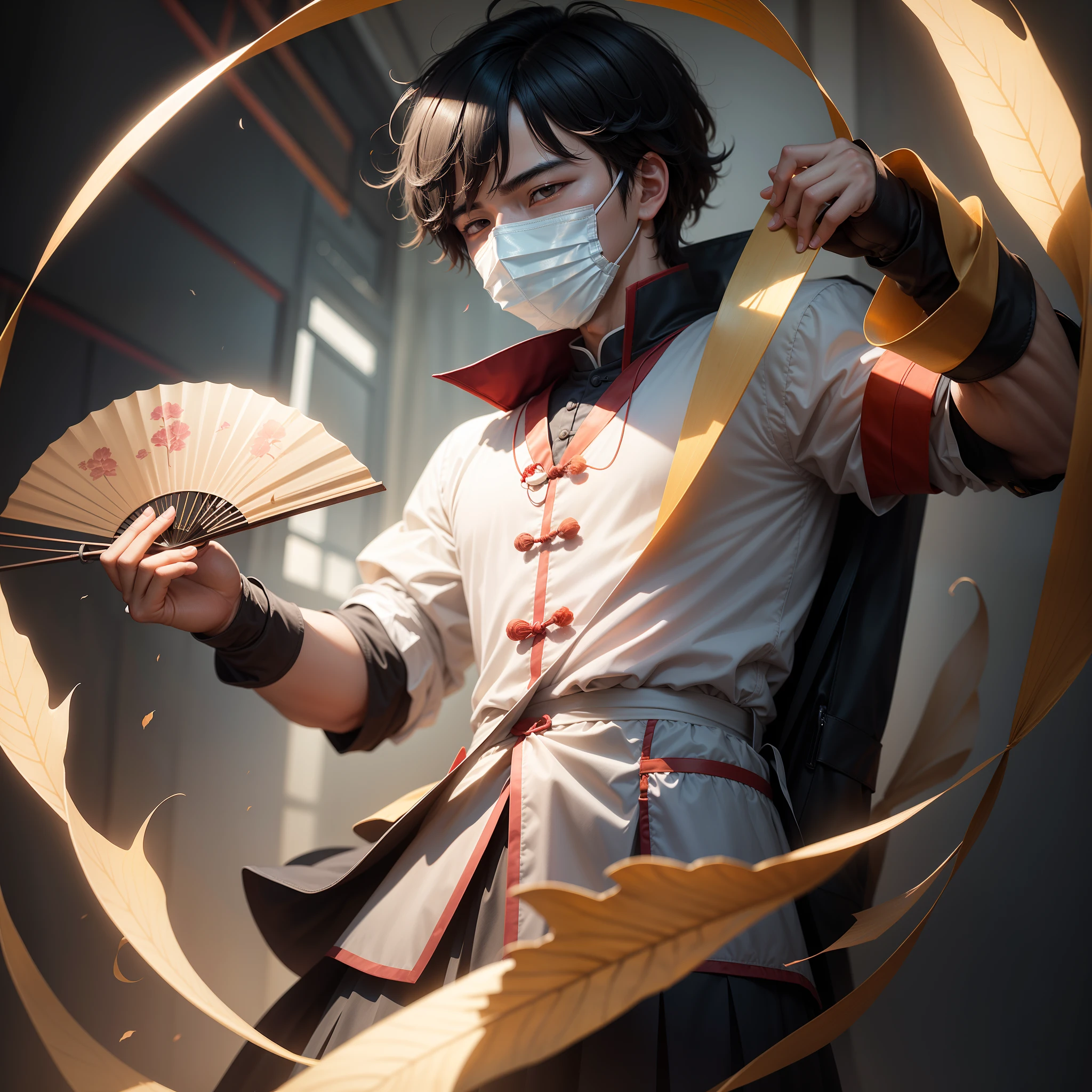 schoolboy,China-style,Wear a translucent mask,25 age old,The character is centered,Holding a delicate fan in his hand