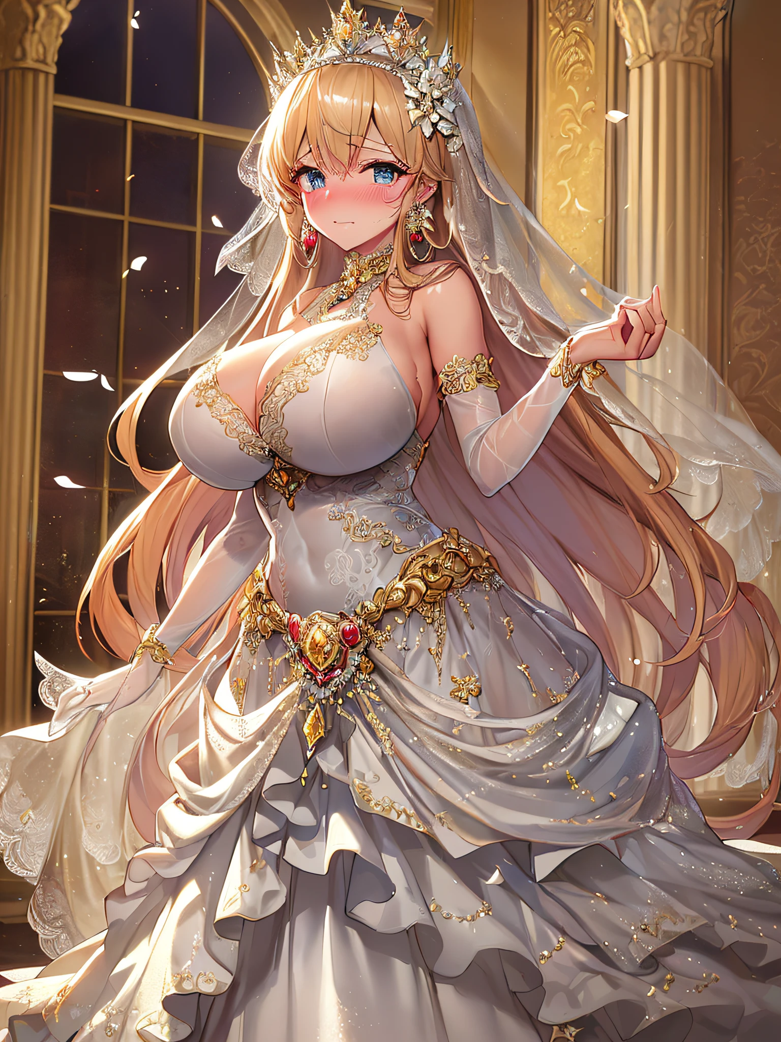 ((anime artstyle)),(Masterpiece),(Best Quality), (Super Detail),((Very Delicate and Beautiful)),(((Solo))),((full body)),standing,(((1 bling-bling princess in beautiful embroidery and jeweled gorgeous See-through ball gown wedding dress with voluminous full length hoop skirt))),bling-bling,Long train,(bling-bling gorgeous gemstone jewelry),detailed face and eyes,jewel-like eyes,cry,((embarrassed)),anguish,((large amount of straight hair,extremely voluminous Very Long Hair,Very Long Straight Hair)),(((gigantic tits,Long tits))),cleavage,(gorgeousfull embroidery and lace),gorgeous corsage,See-through,extremely gorgeousfull hair ornament,((bling-bling extremely gorgeousfull jeweled tiara)),(long bridal veil),ornate ruffles,(hoop skirt,crinoline),white lily flowers, flower petals flowing,((Dynamic Angle)),Looking at viewer,((full body)),((beautiful embroidery and jeweled extremely gorgeous See-through wedding ball gown dress with voluminous full length hoop skirt))
