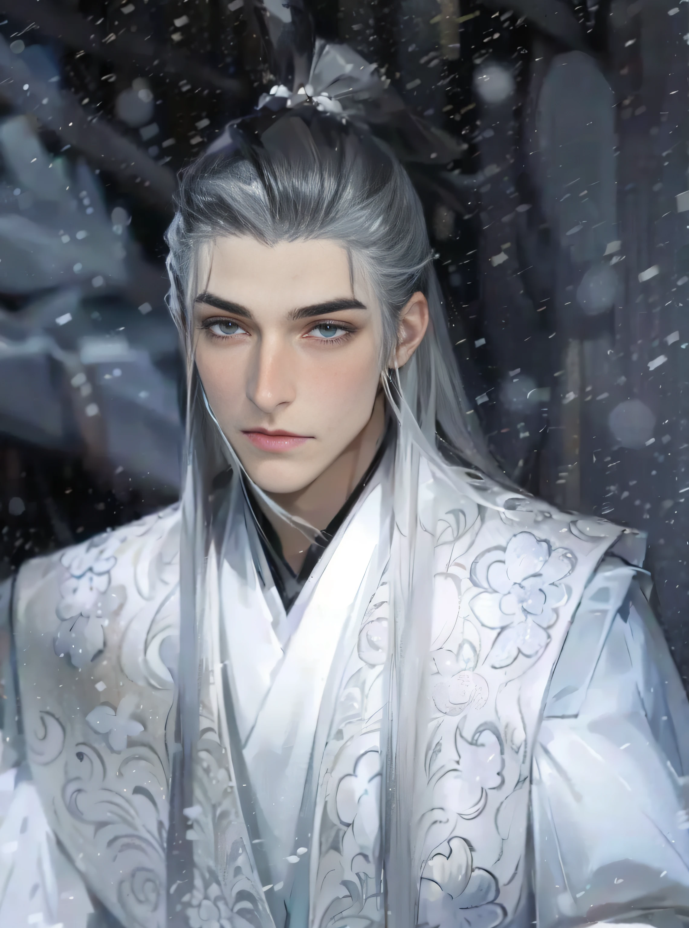 A young and handsome man,whaite hair,Cold,Drifting snowflakes,Background bokeh,Small face,Small mouth