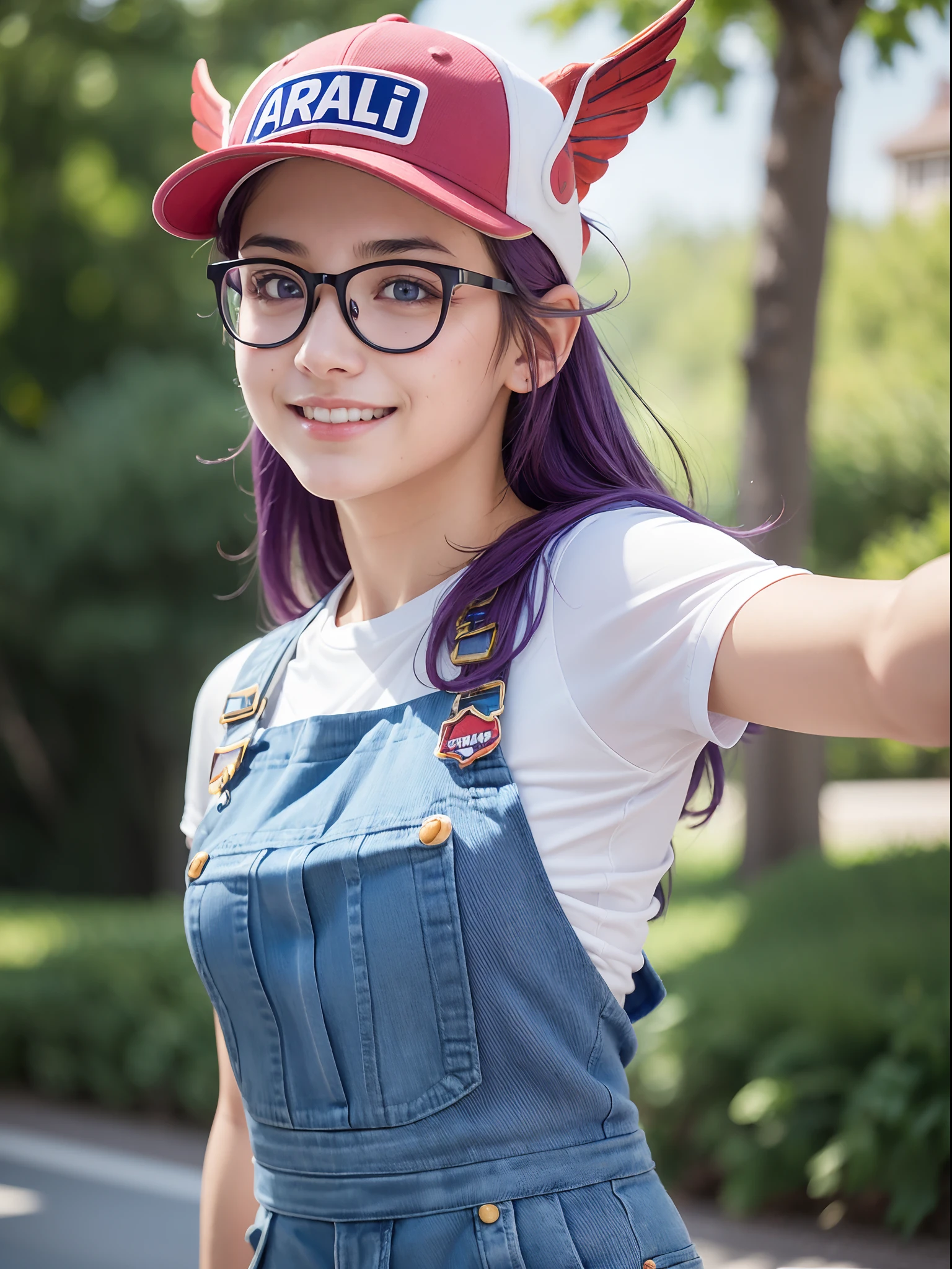 (masterpiece, best quality:1.4), (full body), (jumping:1.5), (dynamic pose:1), 1girl, solo, (european youth:1), arale, glasses, blue eyes, long hair, purple hair, short sleeves, wing hat, red cap, (wing cap:1.5), red shirt, blue overalls, looking at viewer, beautifull smile, beautiful face, highly detailed face, highly detailed eyes, highly detailed skin, skin pores, subsurface scattering, realistic pupils, full face blush, full lips, detailed background, depth of field, volumetric lighting, sharp focus, absurdres, realistic proportions, good anatomy, (realistic, hyperrealistic:1.4), 16k hdr,