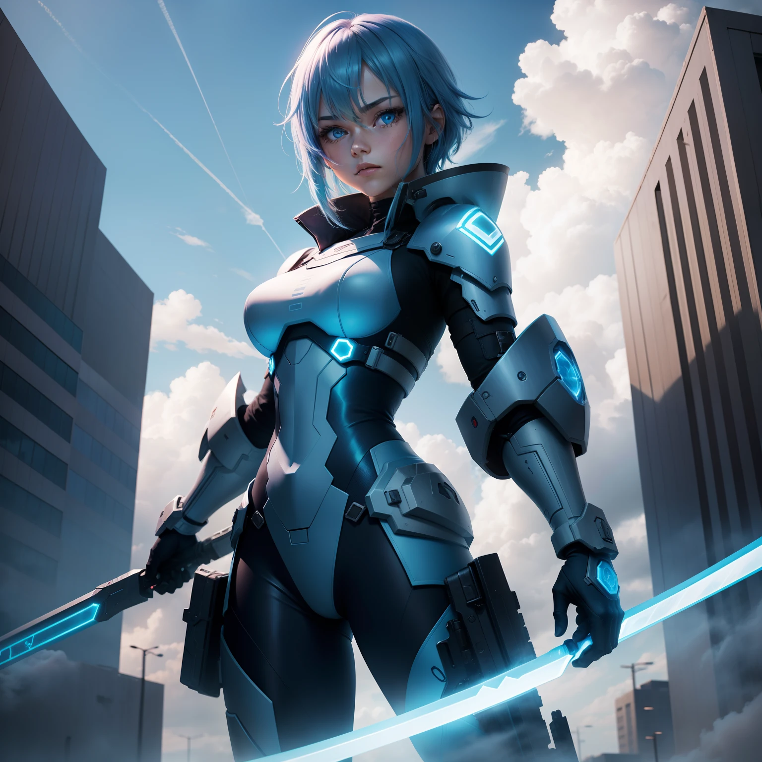 Skysky, Clouds, holding_weapon, no_humans, Glow, Blue-haired woman,eBlue eyes ,buliding, scientific fiction, 城市, Two-dimensional