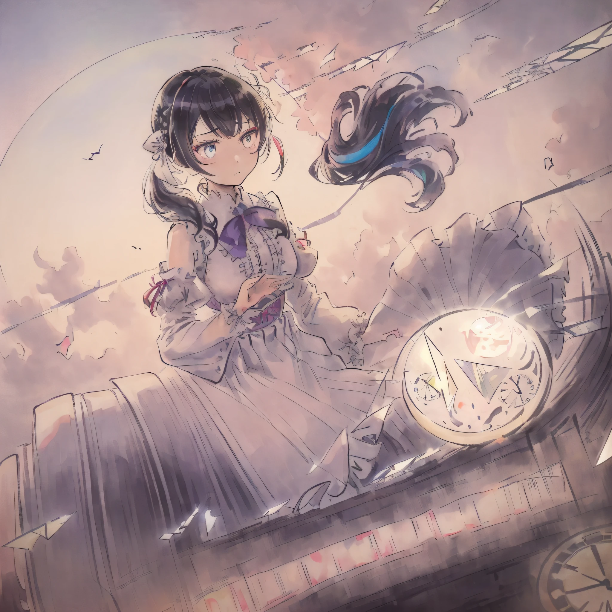 ((illustration)), ((floating hair)), ((chromatic aberration)), ((caustic)), lens flare, dynamic angle,  ((portrait)),  (1 girl), ((solo)), cute face, ((hidden hands)), asymmetrical bangs, (beautiful detailed eyes), eye shadow, ((huge clocks)),  ((glass strips)), (floating glass fragments), ((colorful refraction)), (beautiful detailed sky), ((dark intense shadows)), ((cinematic lighting)), ((overexposure)), (expressionless),  blank stare, big top sleeves, ((frills)), hair_ornament, ribbons, bowties, buttons, (((small breast))), pleated skirt, ((sharp focus)), ((masterpiece)), (((best quality))), ((extremely detailed)), colorful, hdr