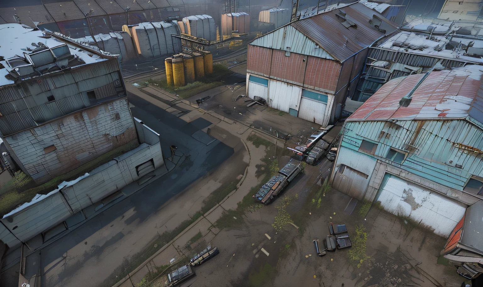 There are photos of warehouses near the city with a large number of buildings, Photo of an abandoned factory, there are fuel tanks, Dirty street background, grass makes its way out from under the asphalt, Screenshot from the game, industrial setting, ingame image, Ландшафт Airsoft Arena, Industrial Environment, Realistic scene, Hyper-detailed scene, Industrial Environment, highly detailed scene, game cg, Steam Workshop Maps, Shot in the game, An asset of the RPG gaming environment