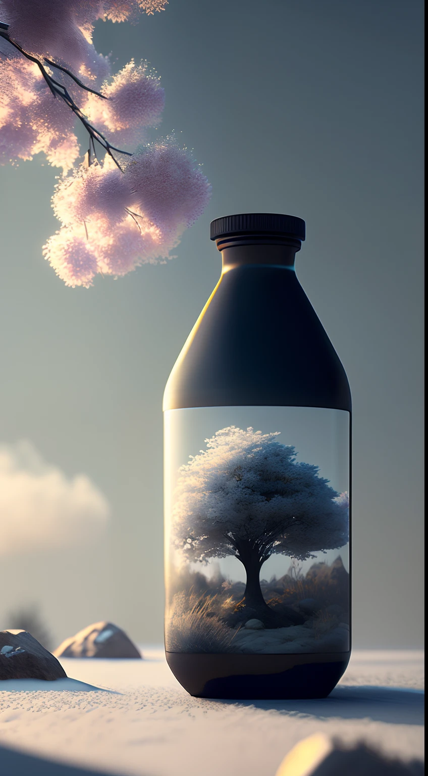 A dreamy tree of art in a bottle, fluffy, realistic, photographs, Canon, dreamy, artistic, brilliant leaves and branches, with flowers above my head. Greg Rutkowski's Ultra Detailed Photo Realism - H1024W 804 | F16 Lens Markers 2:2S 3555mm Film Particles: 1 Lifelike High Resolution Sharp Focus Contrast!! Intricate and detailed atmospheric refractive lighting of Unreal Engine 5 movie concept photography masterpiece Octane renders trends on CGSociety