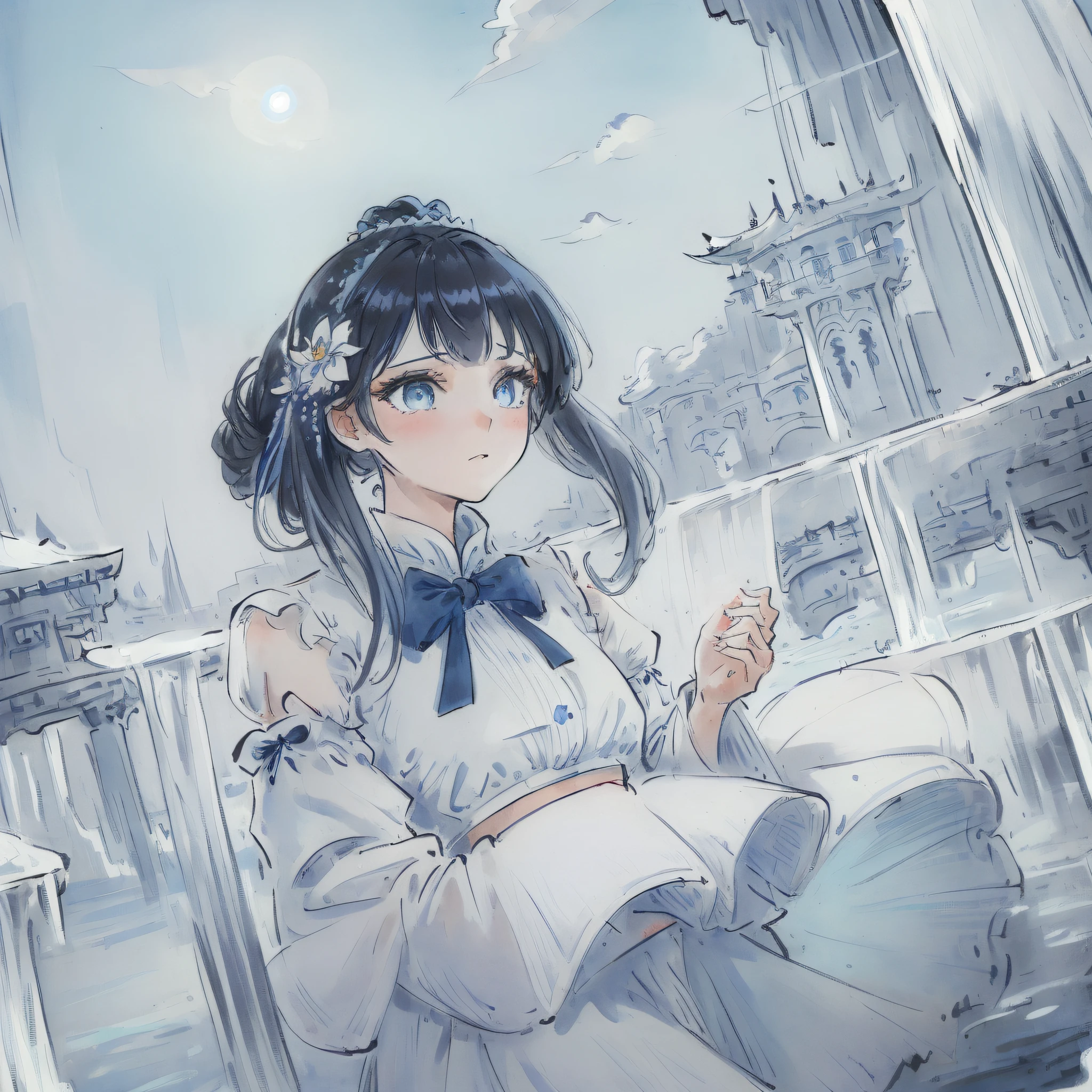 (((masterpiece))),best quality, illustration,(beautiful detailed girl),beautiful detailed glow,detailed ice,beautiful detailed water,(beautiful detailed eyes),expressionless,(floating palaces),azure hair,disheveled hair,long bangs, hairs between eyes,(skyblue dress),black ribbon,white bowties,midriff,{{{half closed eyes}}},big forhead,blank stare,flower,large top sleeves