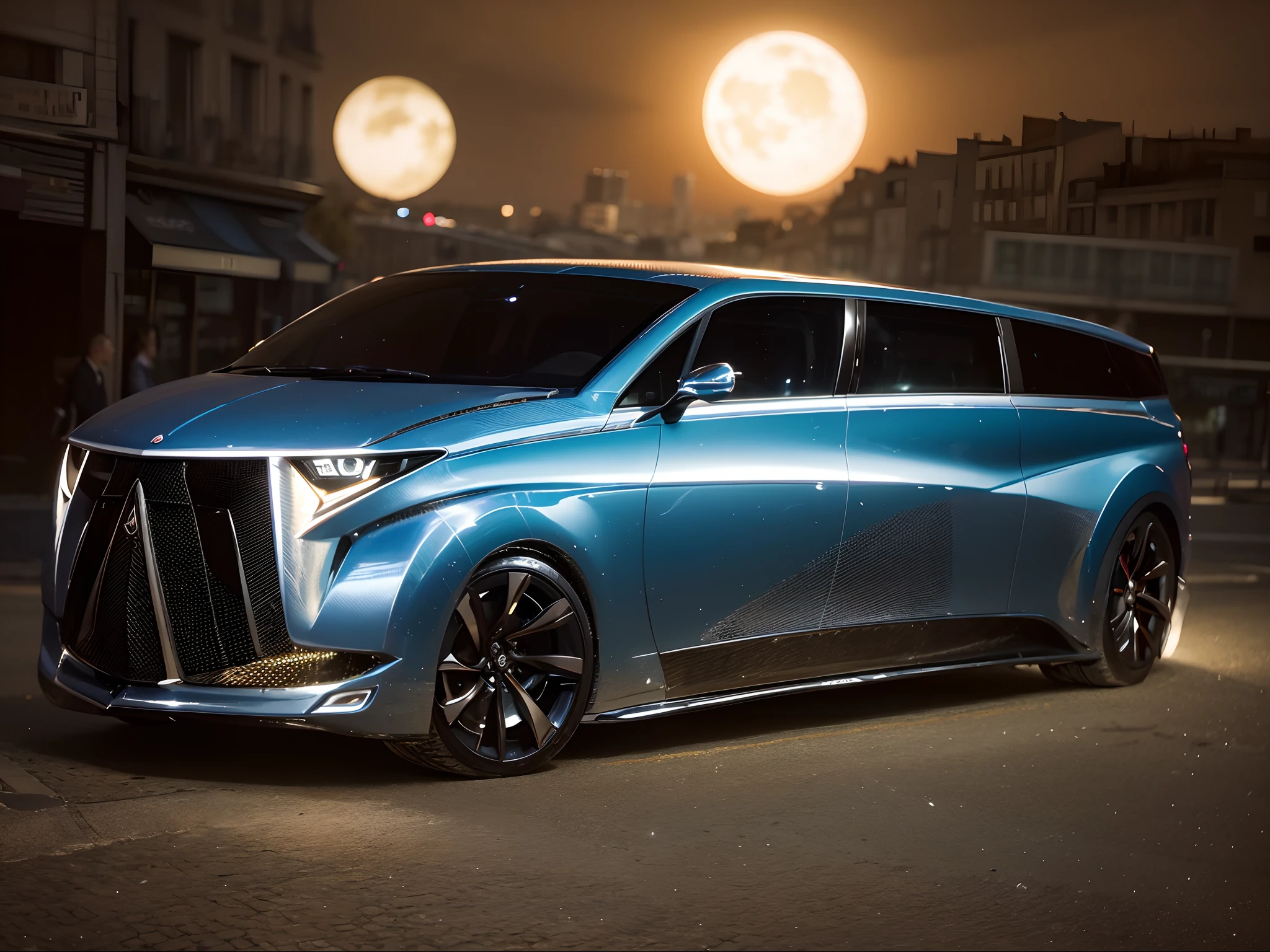 Realistic illustration of futuristic luxury silver van in Paris, France。Night and windy weather。Ultra-delicate、8K、hdr、octaneratingrendering、Redshift、Unreal Engine 5。Professional color grading,atmospurate,amazing depth,rich colours,Powerful images,Psychedelic overtones,4K,8K。