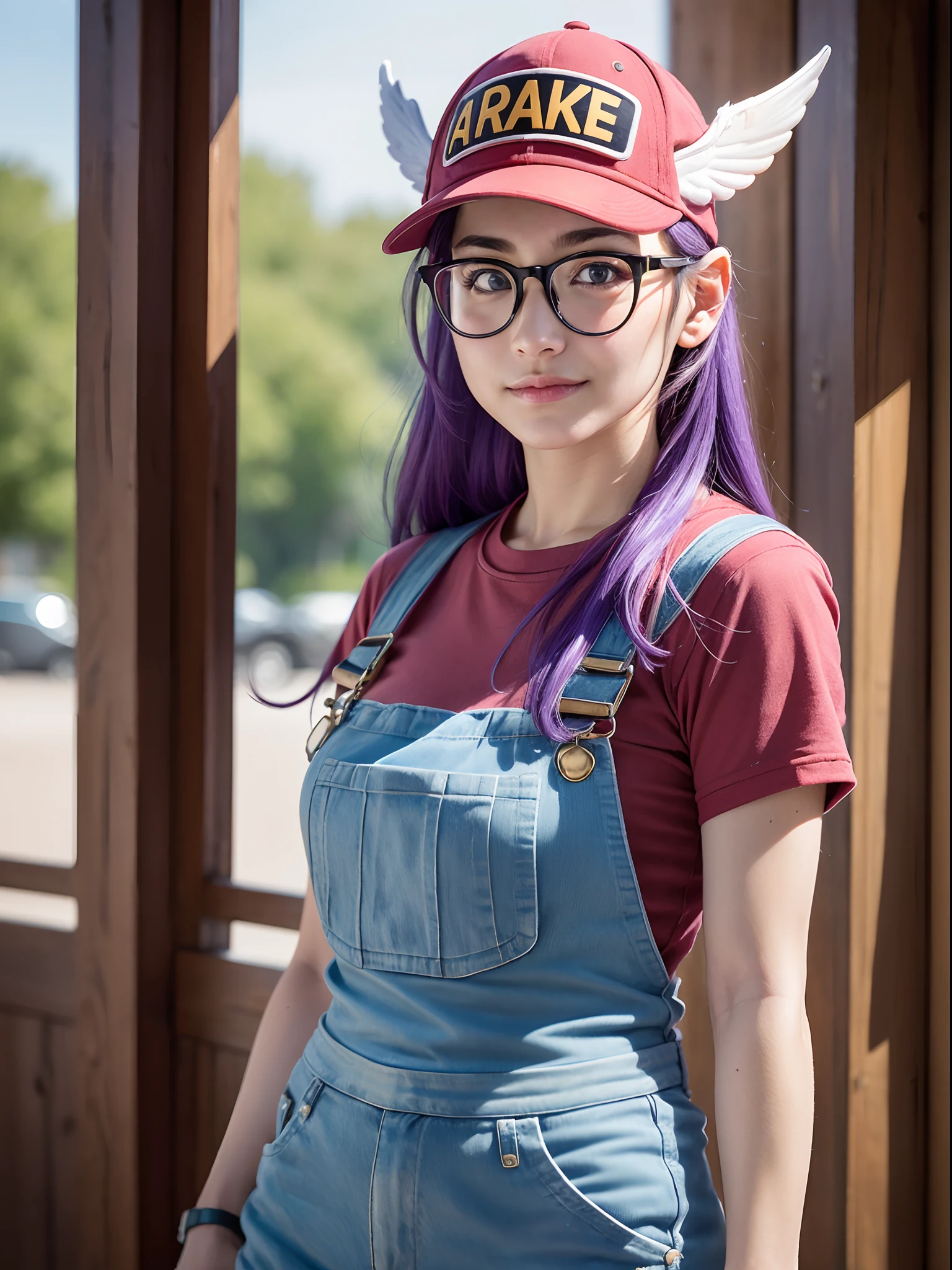 (masterpiece, best quality:1.4), (standing:1.5) (dynamic pose:1), 1girl, solo, (european youth:1), arale, glasses, blue eyes, long hair, purple hair, short sleeves, wing hat, red cap with the word "ARALE", (wing cap:1.5), red shirt, blue overalls, looking at viewer, beautifull smile, beautiful face, highly detailed face, highly detailed eyes, highly detailed skin, skin pores, subsurface scattering, realistic pupils, full face blush, full lips, detailed background, depth of field, volumetric lighting, sharp focus, absurdres, realistic proportions, good , (realistic, hyperrealistic:1.4), 16k hdr,