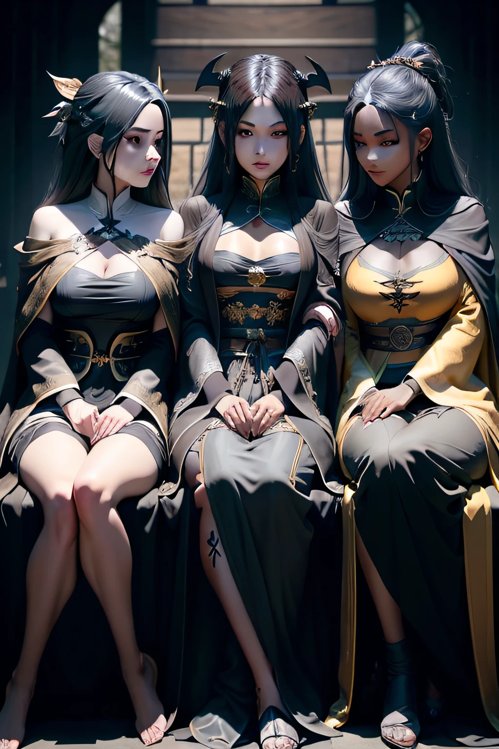 Three black-robed women sat on benches with swords, dark robed，Gold accents, flowing hair and long robes, Black robes, Flowing robes, wearing dark robe, wearing a long flowing robe, by Yang J, dark robed, wearing black medieval robes, Dressed in a black robe, dark fantasy style, trending on cgstation, Witches, xianxia fantasy