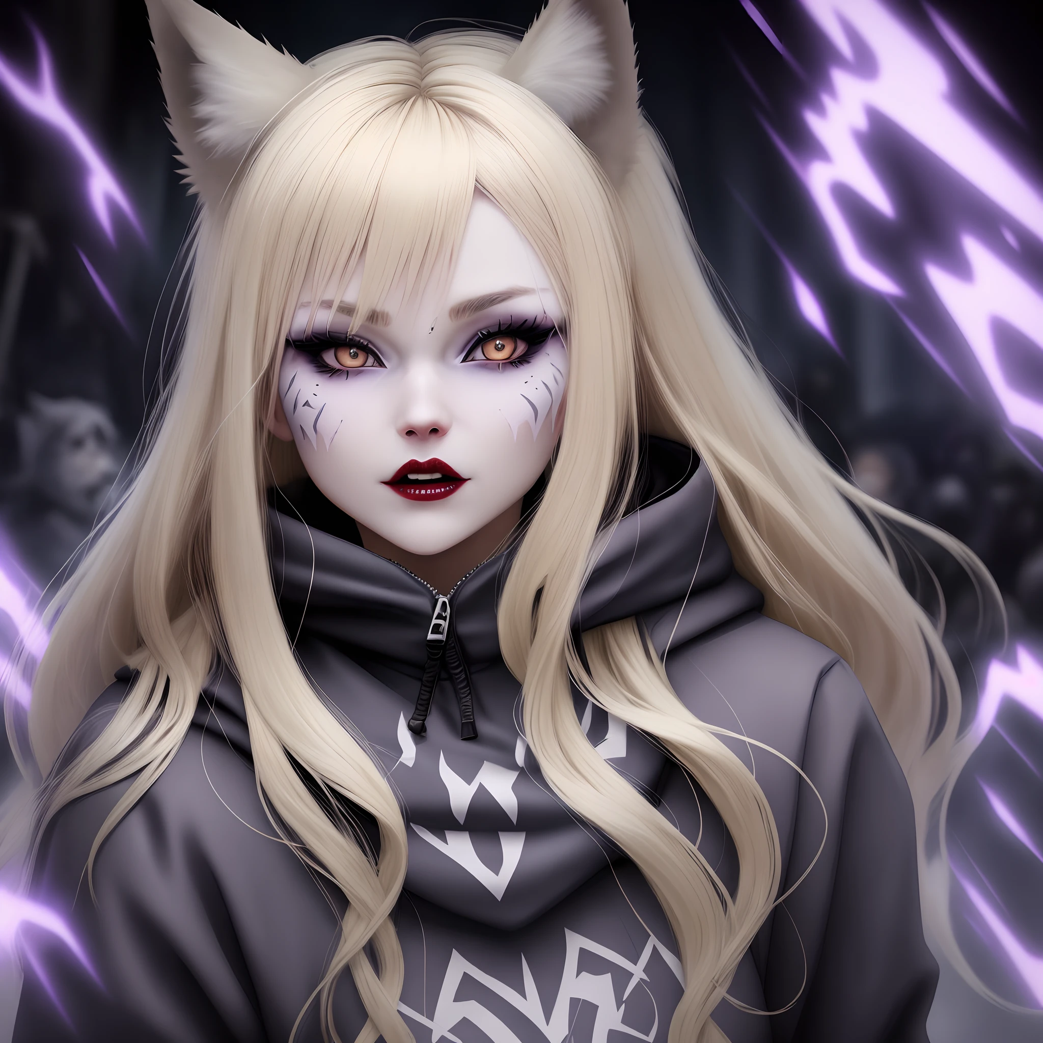 Demon woman blonde smoky pattern on face hood panic apocalypse fantasy wolf