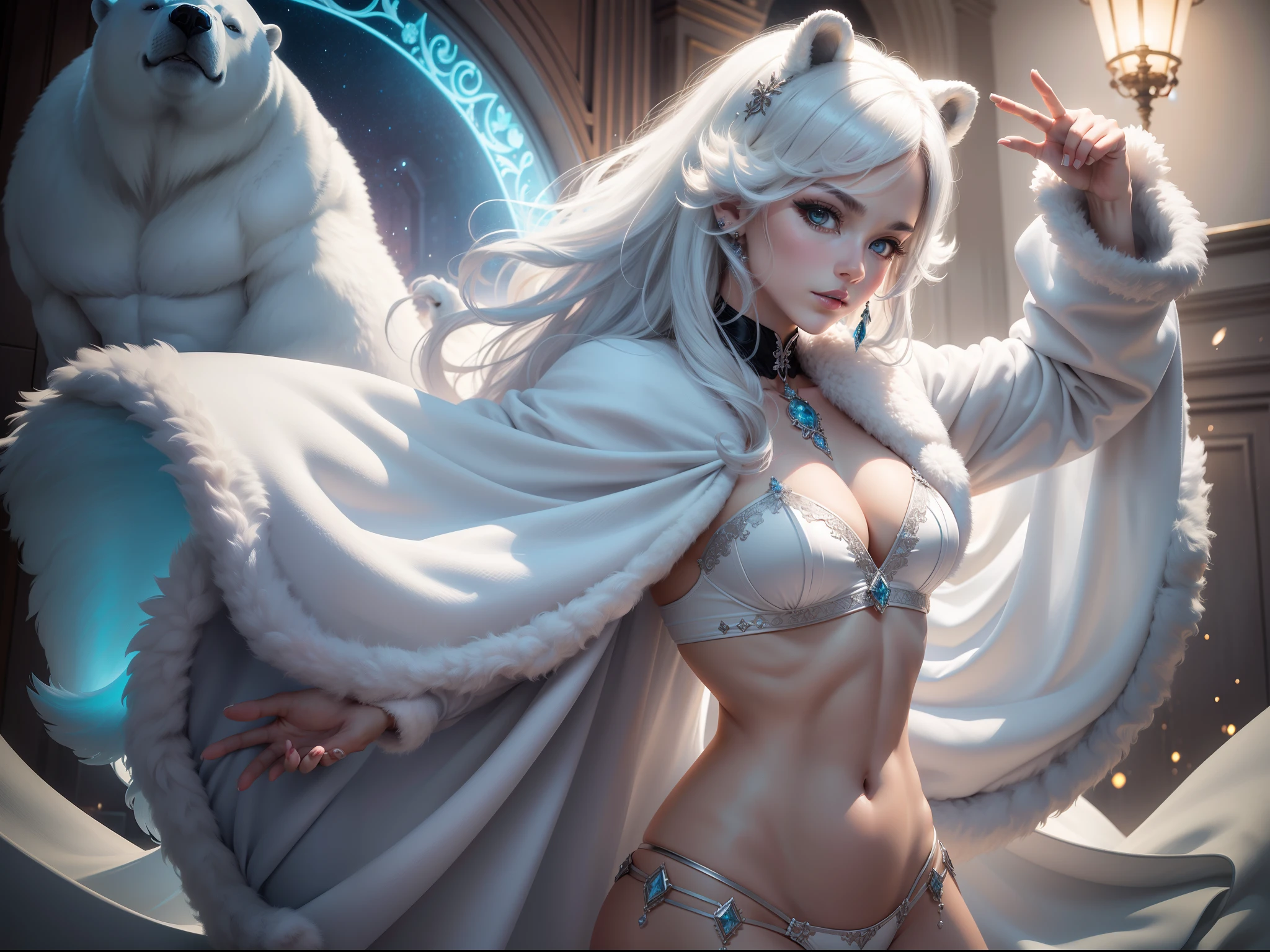 (tmasterpiece,top Quority,best qualtiy,extremy detailed,highest details,offcial art,Beauty and aesthetics:1.2),Polar bear decoration,Bear ears,musculous,dance