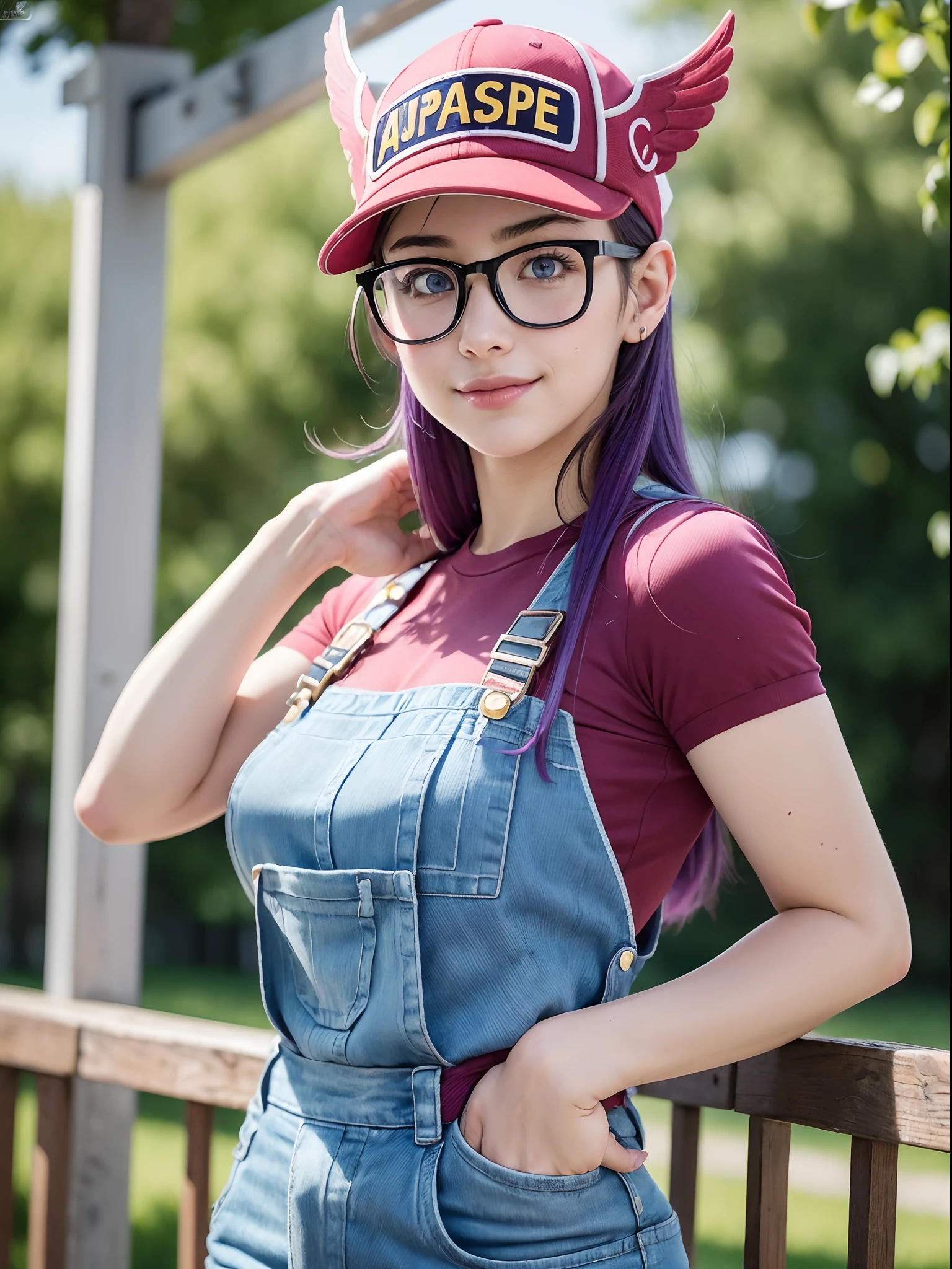 (masterpiece, best quality:1.4), (standing:1.5) (dynamic pose:1), 1girl, solo, (european youth:1), arale, glasses, blue eyes, long hair, purple hair, short sleeves, wing hat, red cap with the word "ARALE", (wing cap:1.5), red shirt, blue overalls, looking at viewer, beautifull smile, beautiful face, highly detailed face, highly detailed eyes, highly detailed skin, skin pores, subsurface scattering, realistic pupils, full face blush, full lips, detailed background, depth of field, volumetric lighting, sharp focus, absurdres, realistic proportions, good anatomy, (realistic, hyperrealistic:1.4), 16k hdr,