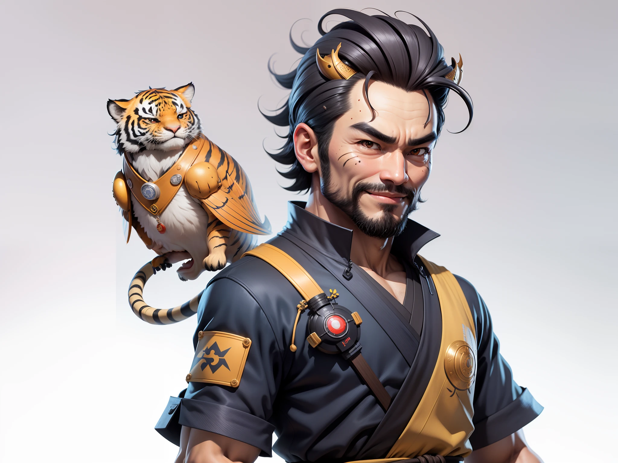 (Daisaku),(Need),(Super meticulous),(full bodyesbian:1.2),Super young man with Japanese geisha，Beautiful，orient，one tiger，Aeolian Thor，Raised sexy，爆乳，Oriental face，TV Anchor，Bust portrait illustration，In black suit，a blue tie，The face is slightly chubby，The face was clean，without a beard，Black super short hair，Black eyes，Smile confidently，3C computer sub-products，iPad， iphone，Digital painting，3D character design by Mark Clairen and Pixar and Hayao Miyazaki and Akira Toriyama，The illustration is a high-definition illustration in 4K resolution，With very detailed facial features and cartoon-style visuals。
