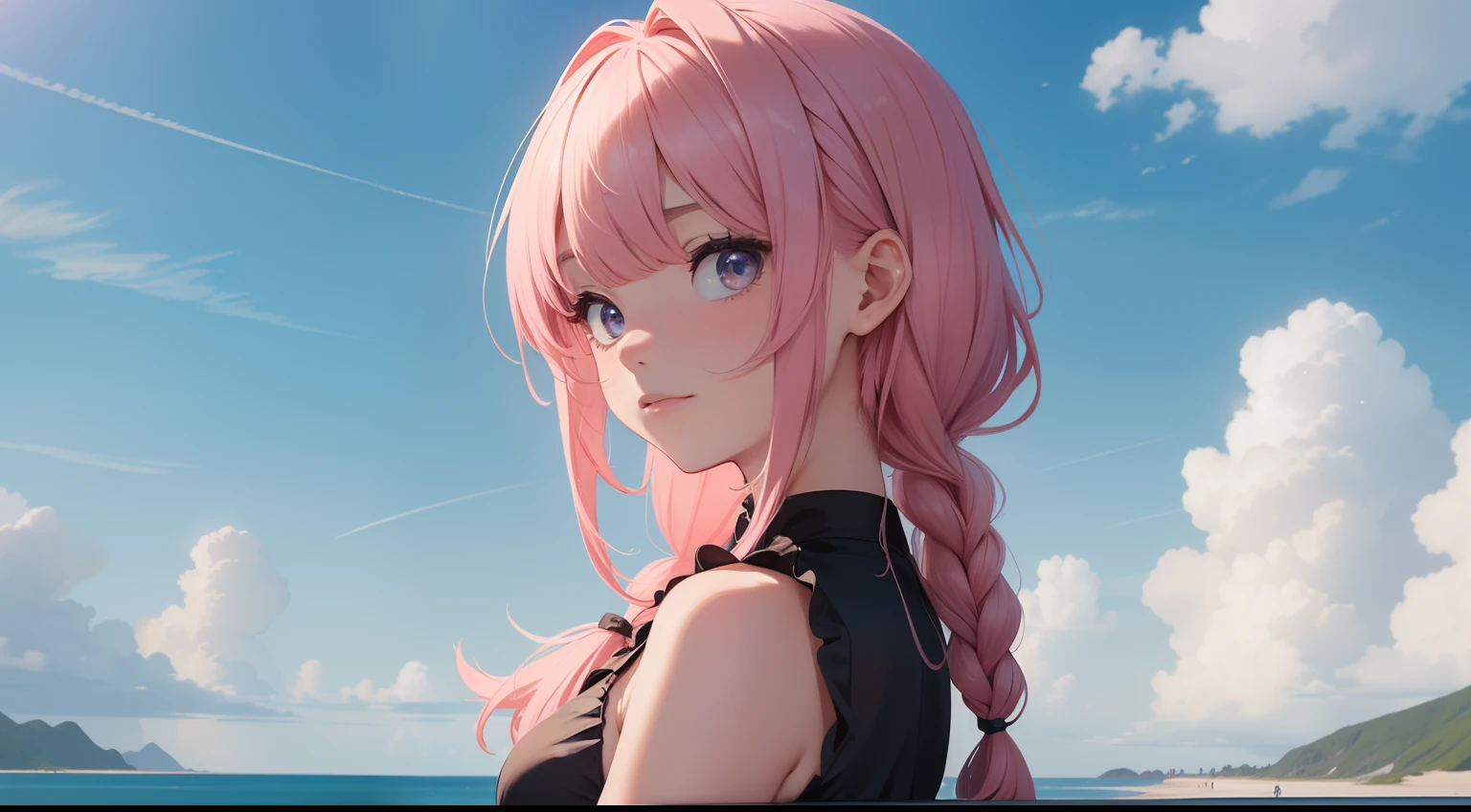 Ridiculous resolution, A high resolution, (masterpiece:1.4), 1girll,Bust photo,A pink-haired,By bangs,one side braids,ultra - detailed, cloudless sky,the sea,baiyun,the space, afloat