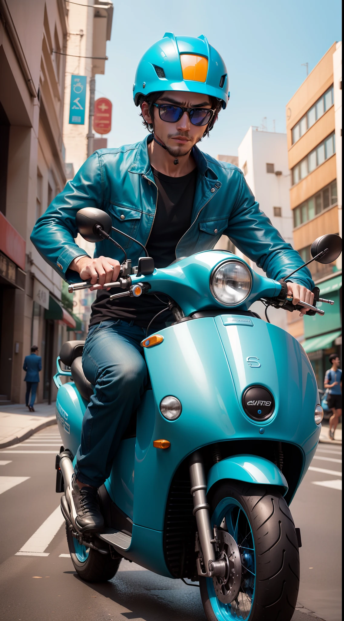 quadratic element，cool guy，Fine facial features，Man riding an electric car，Blue box in the back of the car, Mopeds, relaxed, Chinese，Blue car，Blue clothes，With a blue helmet，4K，best qualtiy，frontage，full bodyesbian，Solid white background