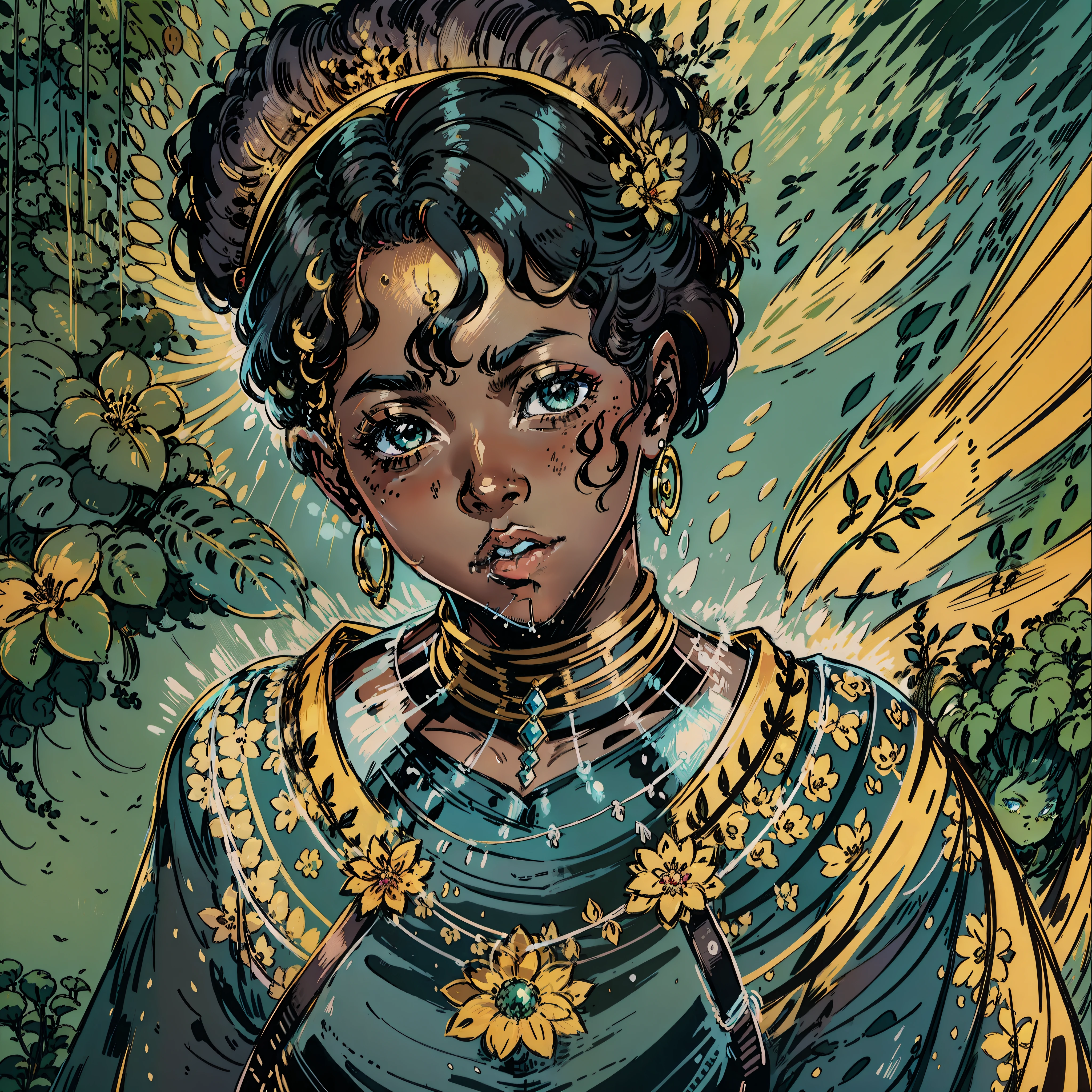 mulheres negras, beleza,sexy,peito pequeno,princesa,Cabelos pretos,vestido azul claro,Personagem de RPG, dark skin, african etnic,Retrato CloseUp, fundo da floresta