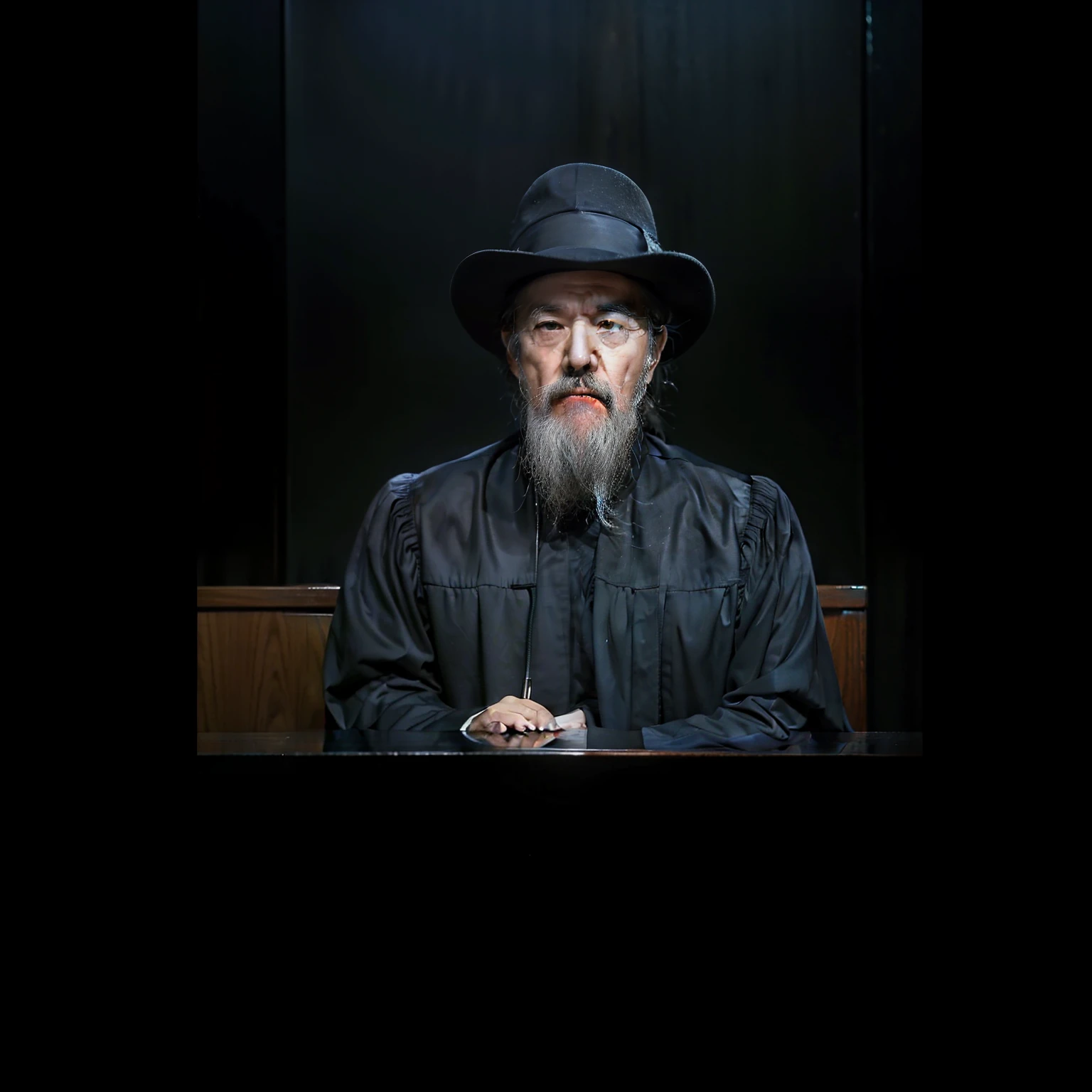 In a solemn courtroom，The judge sits on a high podium，Wearing a black robe，Wearing a judge's hat。The judge's expression was serious and focused，His gaze was fixed on the defendant's and plaintiffs' seats in front of him。Next to him sat the jury members，They listen carefully to the evidence and arguments in the case