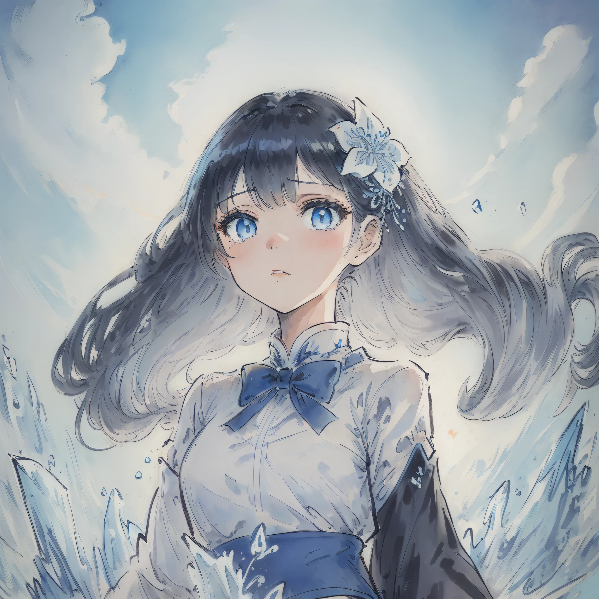 (((masterpiece))),best quality, illustration,(beautiful detailed girl),beautiful detailed glow,detailed ice,beautiful detailed water,(beautiful detailed eyes),expressionless,(floating palaces),azure hair,disheveled hair,long bangs, hairs between eyes,(skyblue dress),black ribbon,white bowties,midriff,{{{half closed eyes}}},big forhead,blank stare,flower,large top sleeves