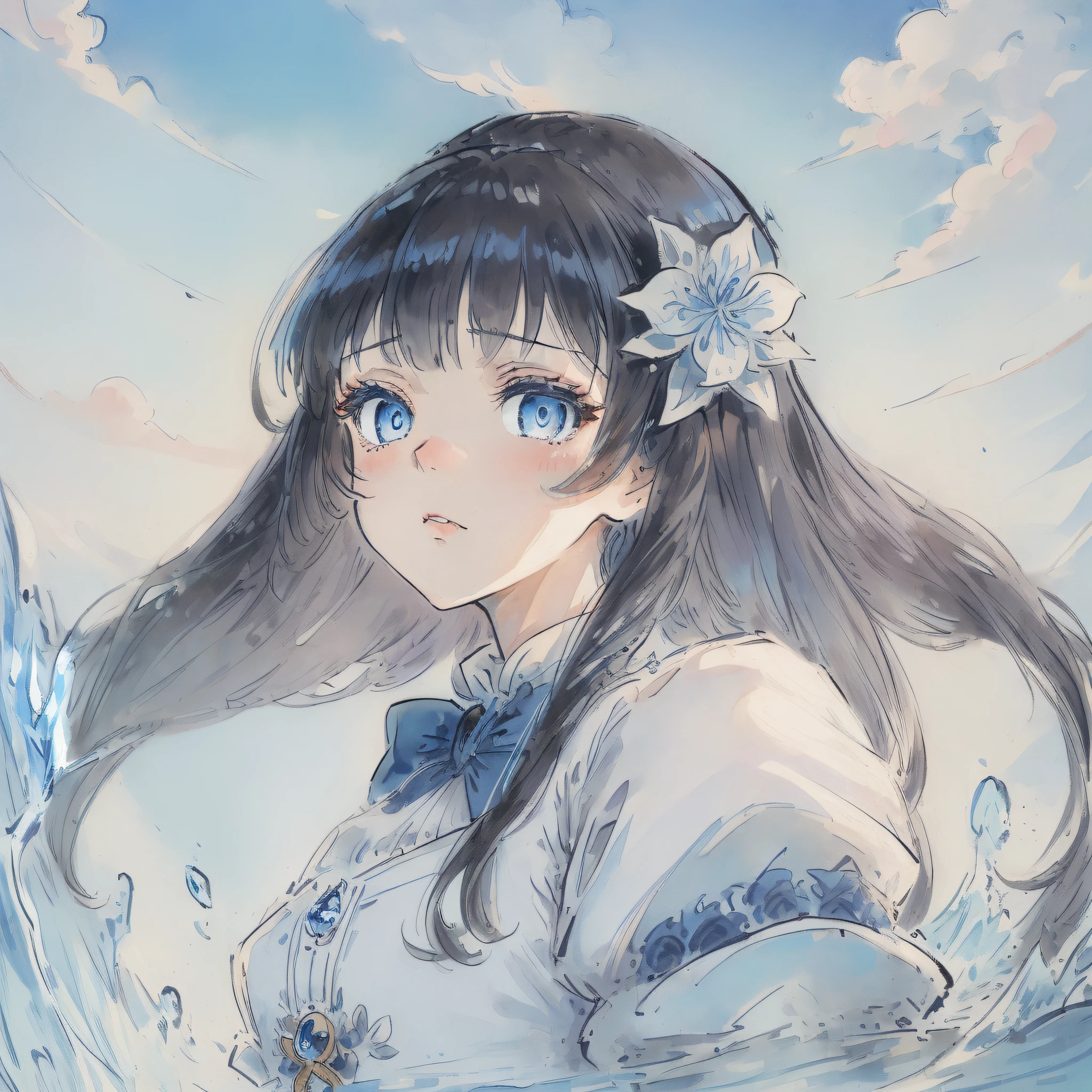 (((masterpiece))),best quality, illustration,(beautiful detailed girl),beautiful detailed glow,detailed ice,beautiful detailed water,(beautiful detailed eyes),expressionless,(floating palaces),azure hair,disheveled hair,long bangs, hairs between eyes,(skyblue dress),black ribbon,white bowties,midriff,{{{half closed eyes}}},big forhead,blank stare,flower,large top sleeves