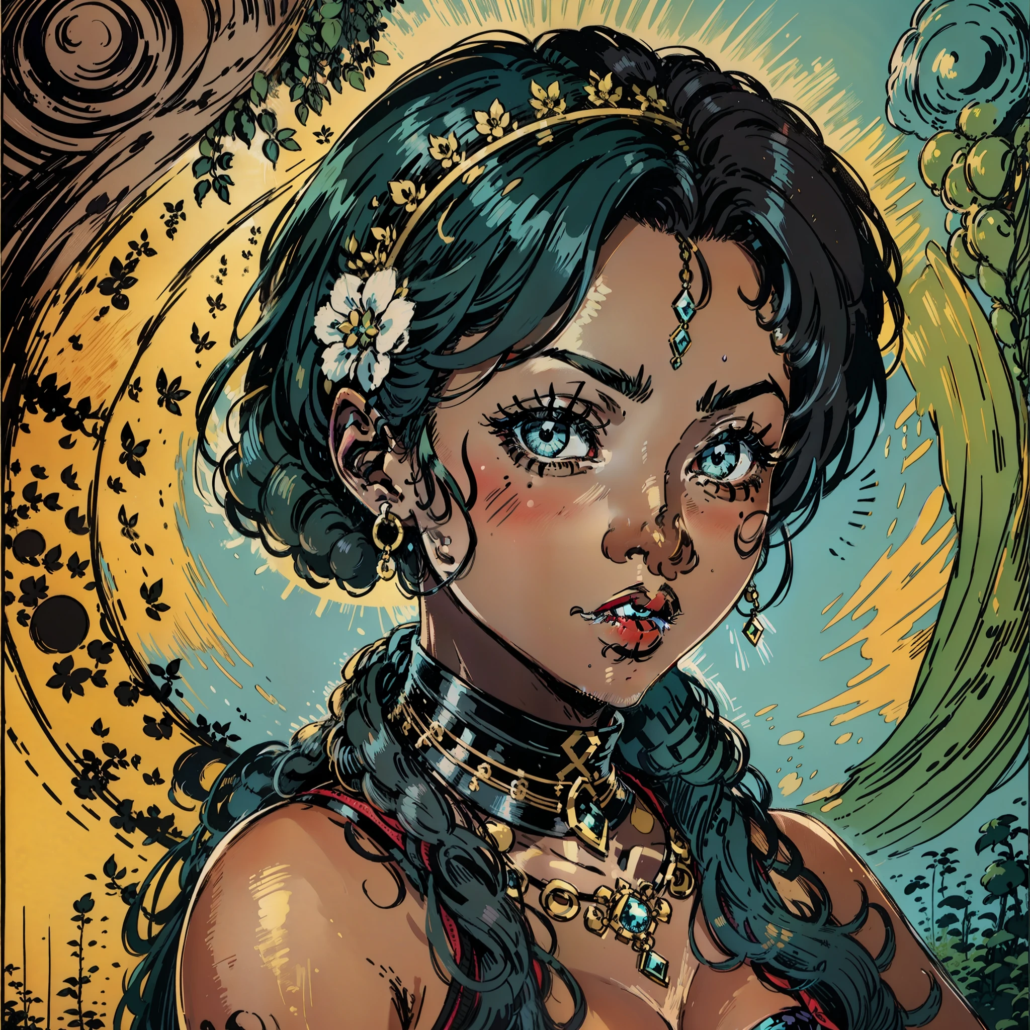 mulheres negras, longe hair, Black eye, beleza,sexy,peito pequeno,princesa,Cabelos pretos,vestido azul claro,Personagem de RPG, Very dark skin, african etnic, nigeriana, Retrato CloseUp, fundo da floresta