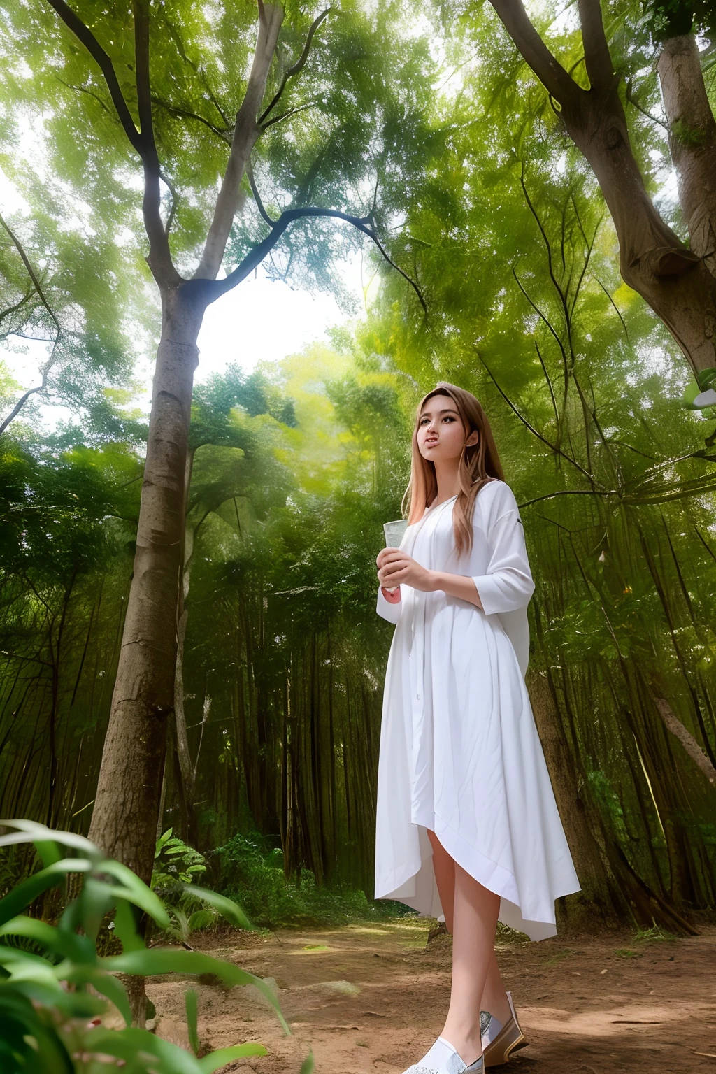 (RAW foto:1.3), (8k, melhor qualidade, obra-prima:1.2), (realista, foto-realista:1.37), (discreto), ultra-detalhado, a woman with long hair standing on a tree with her eyes closed and eyes closed, com os olhos fechados, roseiras vermelhas, crescido, uma pintura impressionista, esteticismo,