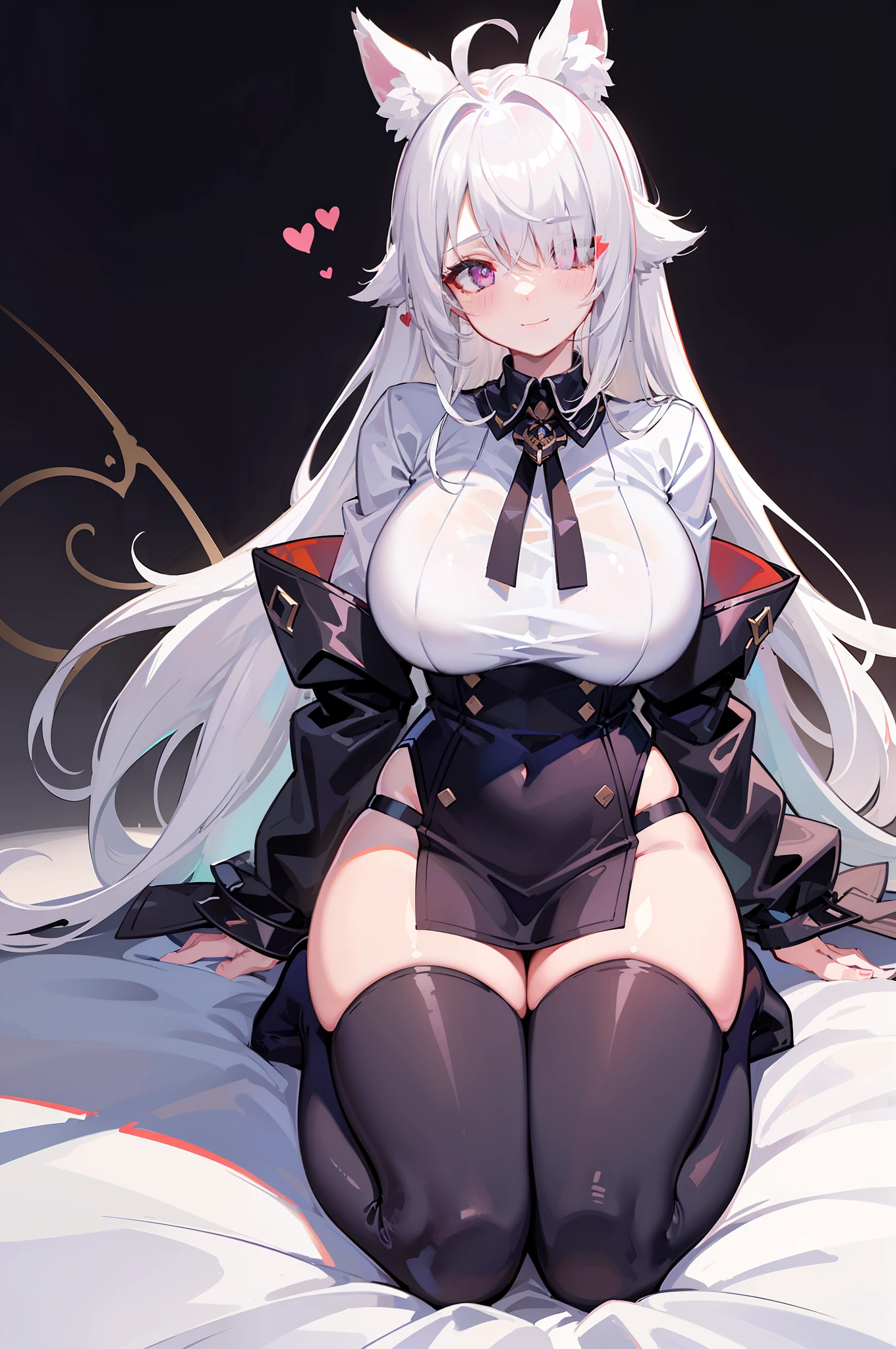 Blush, ((((White color blouse)))),  black long boots, ((((Huge white furry tail)))), (on top of the bed), Reclining, D-cups, White hair, ahoge,((hair covering one eye)), Heart-shaped pupils, Purple eyes, Fox ears, Evil smile, Seductive smile, hearts in eyes, torogao, Reflectors, Yandere, anime big breast, Chiaroscuro, Ray tracing, shadowing, hyper HD, Masterpiece, Accurate, Anatomically correct, Textured skin, Super detail, High details, High quality, Award-Awarded, Best quality, A high resolution, 16k，(There is love around you)，Tempting，sin pantalon