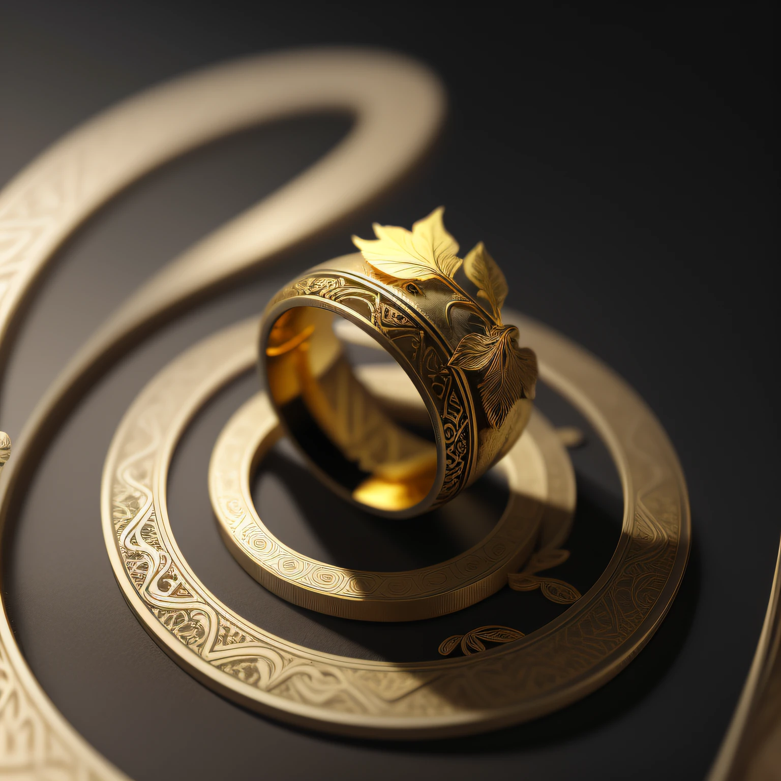 masterpiece, best quality, octane render, hdr,
no humans, simple background, black background, grey background, depth of field, gradient background,
(ring), silver, intricate detail, (small gold leaf) in ring,