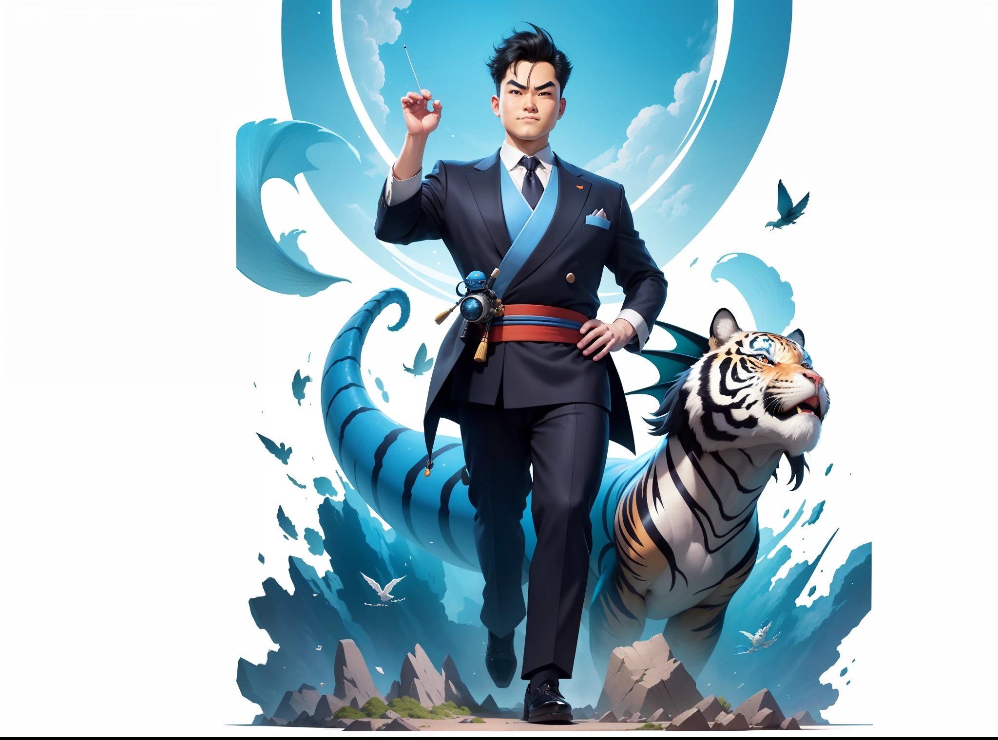 (Masterpiece), (Excellent), (Super Meticulous), (Full Body: 1.2), Super Young Man, Oriental Face, Japanese Kimono, Japanese Wind Thunder God, Dragon, Tiger, TV Anchor, Bust Portrait Illustration, Alone, Black Suit, Blue Tie, Slightly Chubby Face, Very Clean Face, No Beard, Black Super Short Hair, Black Eyes, Confident Smile, 3c Computer Sub-Products, iPad, iPhone, Digital Painting, 3D Character Design by Akira Toriyama and Mark Claireden and Pixar and Hayao Miyazaki, The illustration is a high-definition illustration in 4K resolution with very detailed facial features and cartoon-style visuals.