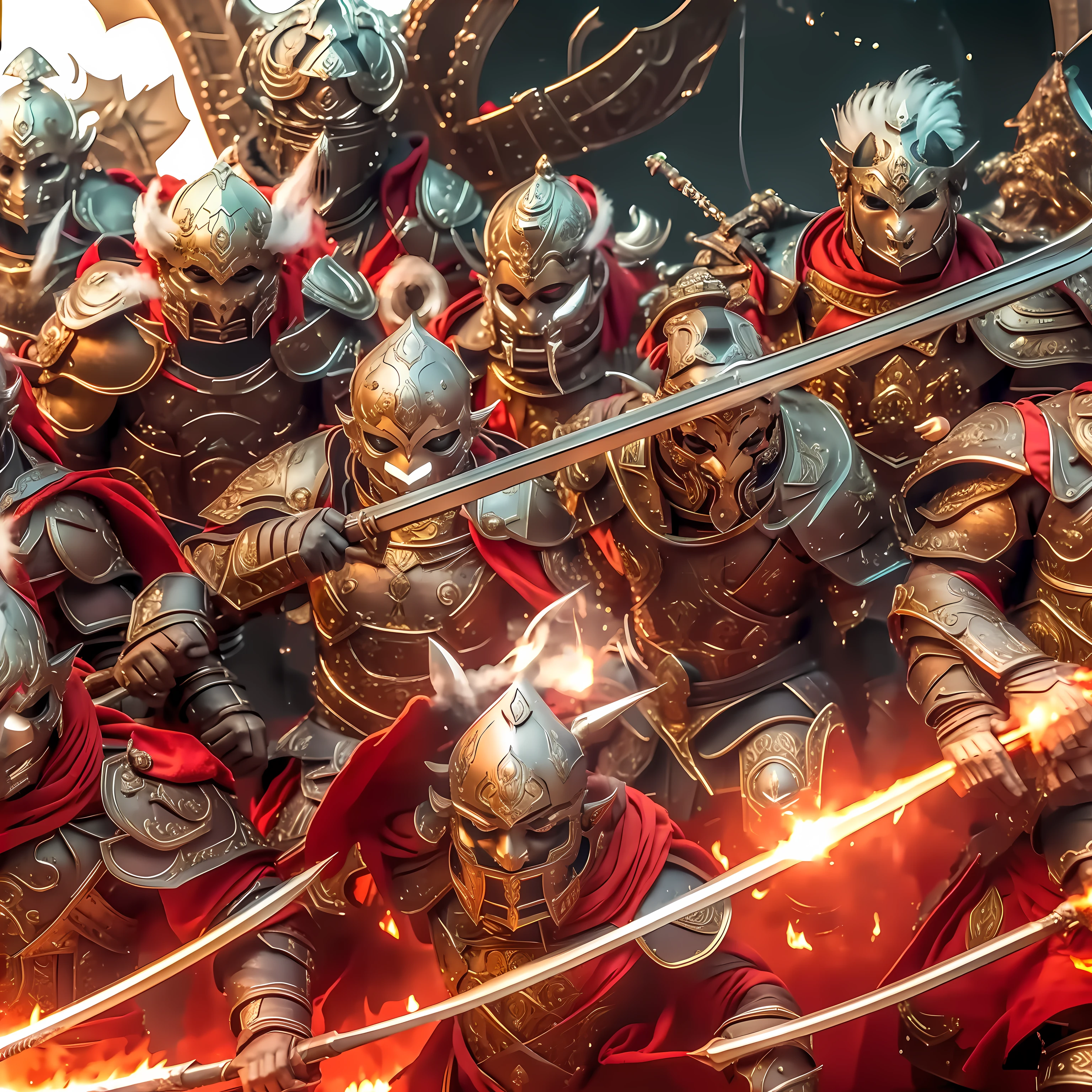 A group of asura warriors, fire and smoke