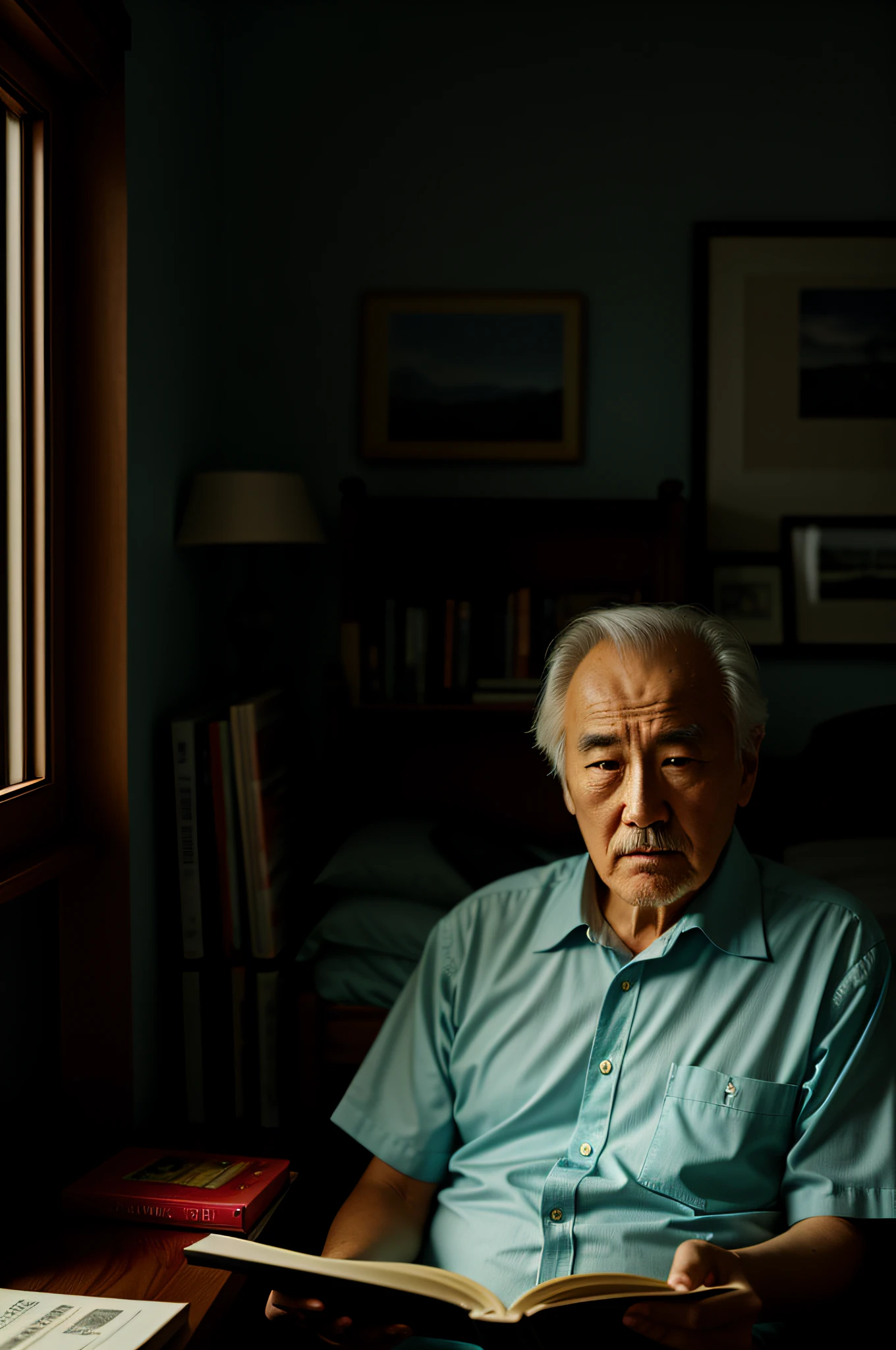 A man is reading a book in his room, by Ni Yuanlu, by Juan Giménez, christopher c. lee, inspired by Mór Adler, frame from a movie, wise old man