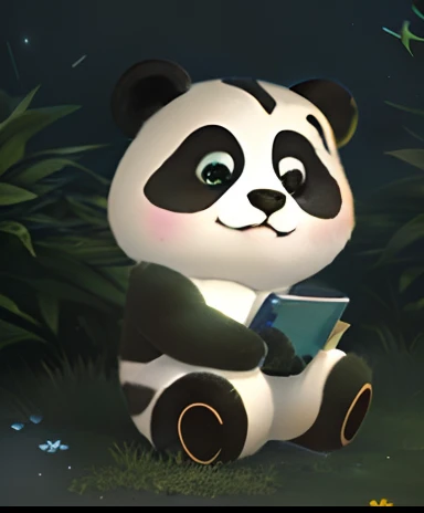 Cute cartoon panda sitting on grass at night,Handheld mobile phone,Flowers and plants surrounded by fireflies。It just rained,There are stars and moon in the blue sky,The lighting effects have a cinematic feel,A shimmer emits a shimmer。Use ray tracing technology,Creates an embossed, textured skin effect。High resolution of the picture,Achieve 4K Ultra HD quality。