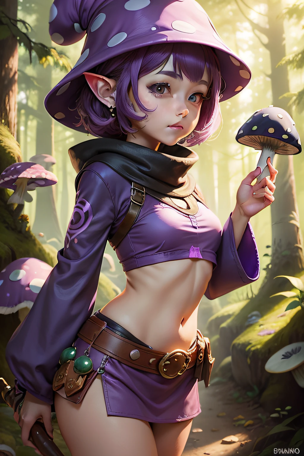 Myconids, dnd character, purple mushroom hat, female, cute, purple color scheme, bard, ocarina in hand, mushroom forest