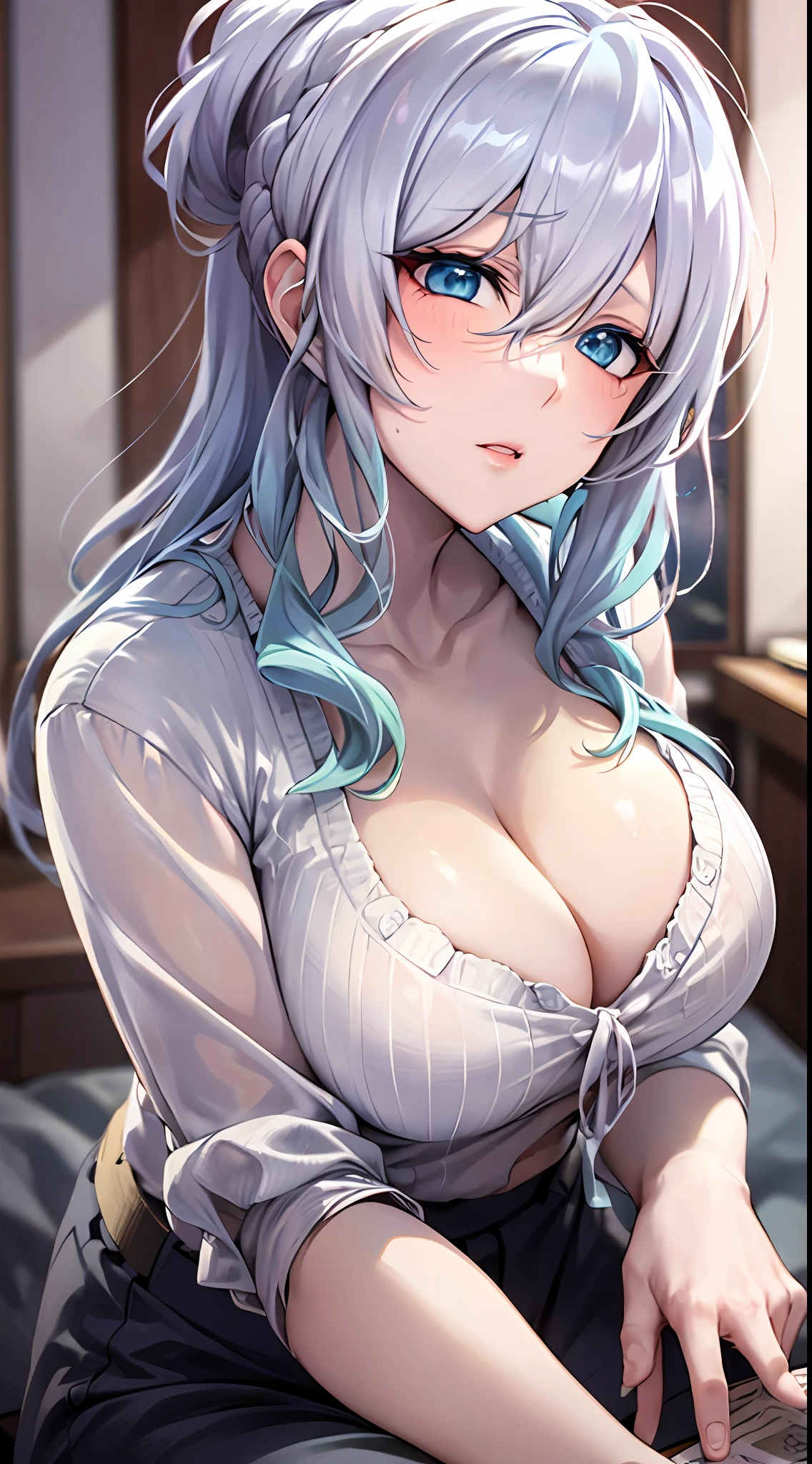 Yukino, in bed, silver hair and  blue eyes, light shirt and no bra, anime visual of a cute girl, screenshot from the anime film, & her expression is solemn, in the anime film, in an anime, anime visual of a young woman, she has a cute expressive face, still from anime, big breast, red cheek, lustful face, fair skin