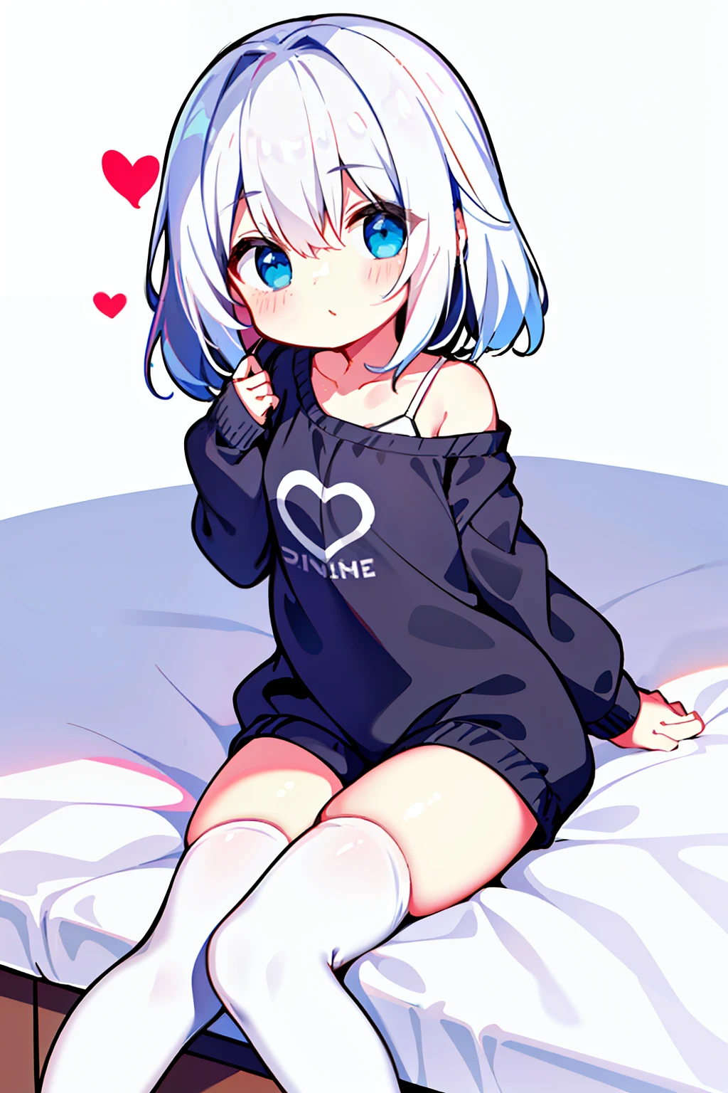 1loli,full bodyesbian,leisure wear,Fleshy legs,white stockings,Lie down in bed,Cute white background, (Speaking heart:1.4)