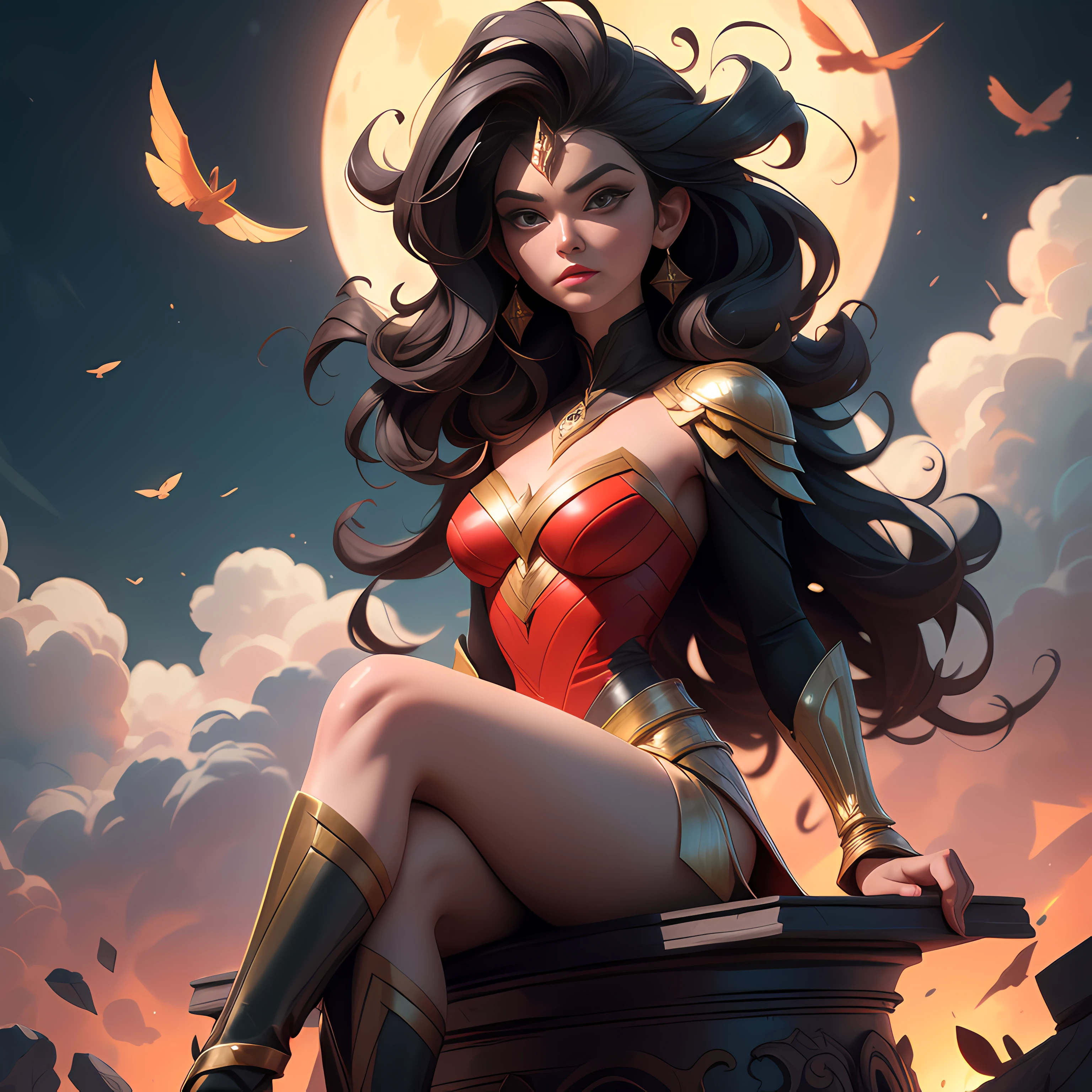 full body, illustrate, wonder women, siting on top of building edge, full moon , cloudy sky, relaxing, freedom ((hyper detail, best quality, 8k, 16k, hyper resolution, intricate details, Masterpiece, Highly Detailed Face and Skin Texture, ultra-high definition, highly detailed detailed cinematic rendering)), dramatic lighting, cinematic lighting, back light, professional lighting,