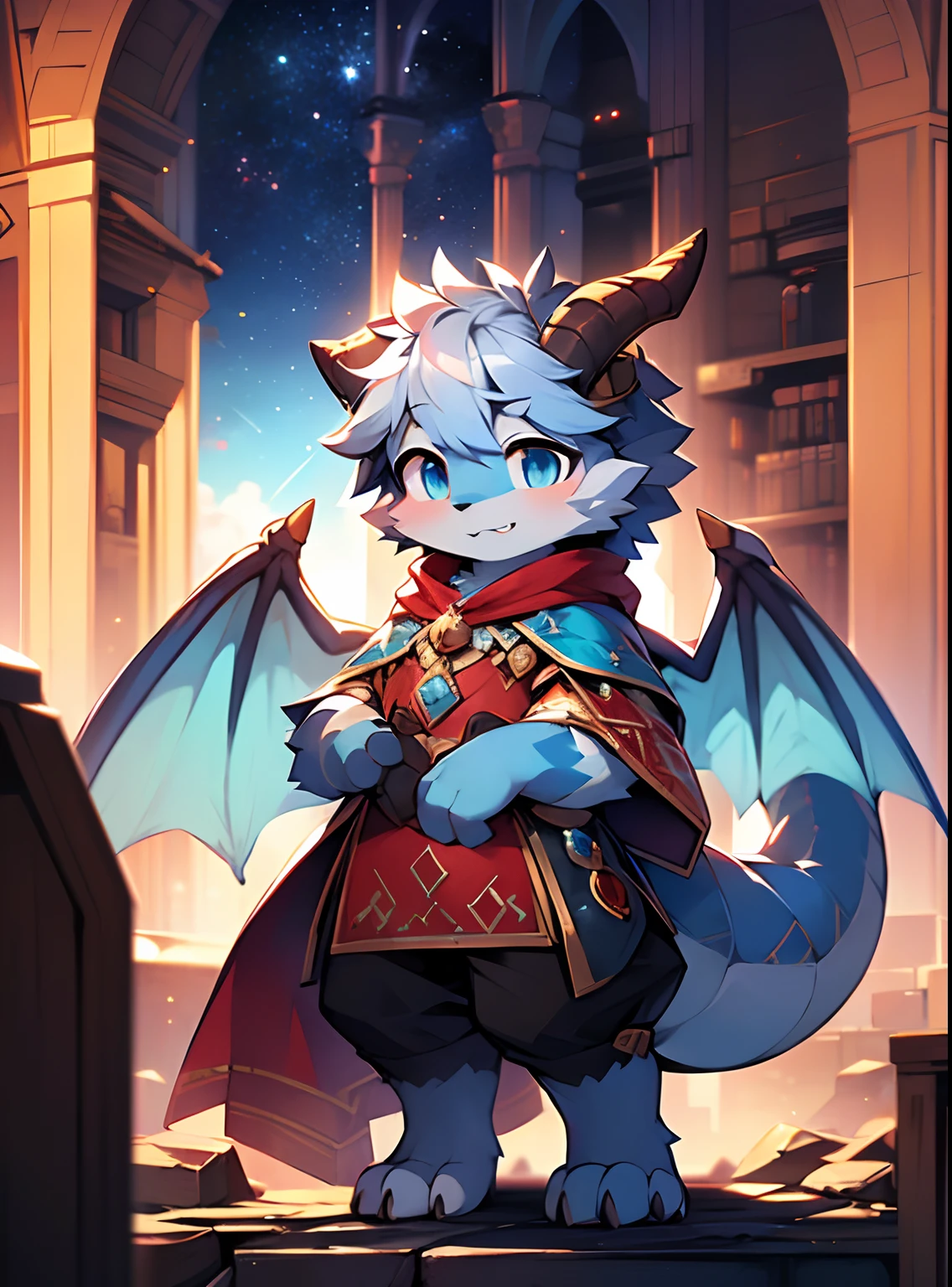 Bright environment, high quality, (ddler, dragon, neutral, animal: 1.4), absurd res, digital painting \ (artwork), (dragon, fluffy fur, character focus: 1.3), short hair, portrait, bright eyes, left eye red, right eye blue, (short dragon horn: 1.3), panorama, (character focus: 1.3). (detailed background: 0.9), solo, furry, furry neutral, neutral focus, standing, (full body fur, furry tail, red and blue fur, red and blue eyes, gray hair: 1.3), (small wings: 1.5), (long canine teeth: 1.0), king, (red cloak: 1.1) (towers of god, blue towers, violet, blue, red, god, red sky, violet sky, starry sky, stars, starry towers, starry god, light blue, civilization, order:1.3), (magic array: 1.5), (magic particles, magic: 1.3), (face details, hand details, foot details, ear details: 1.1), better movements, High cold