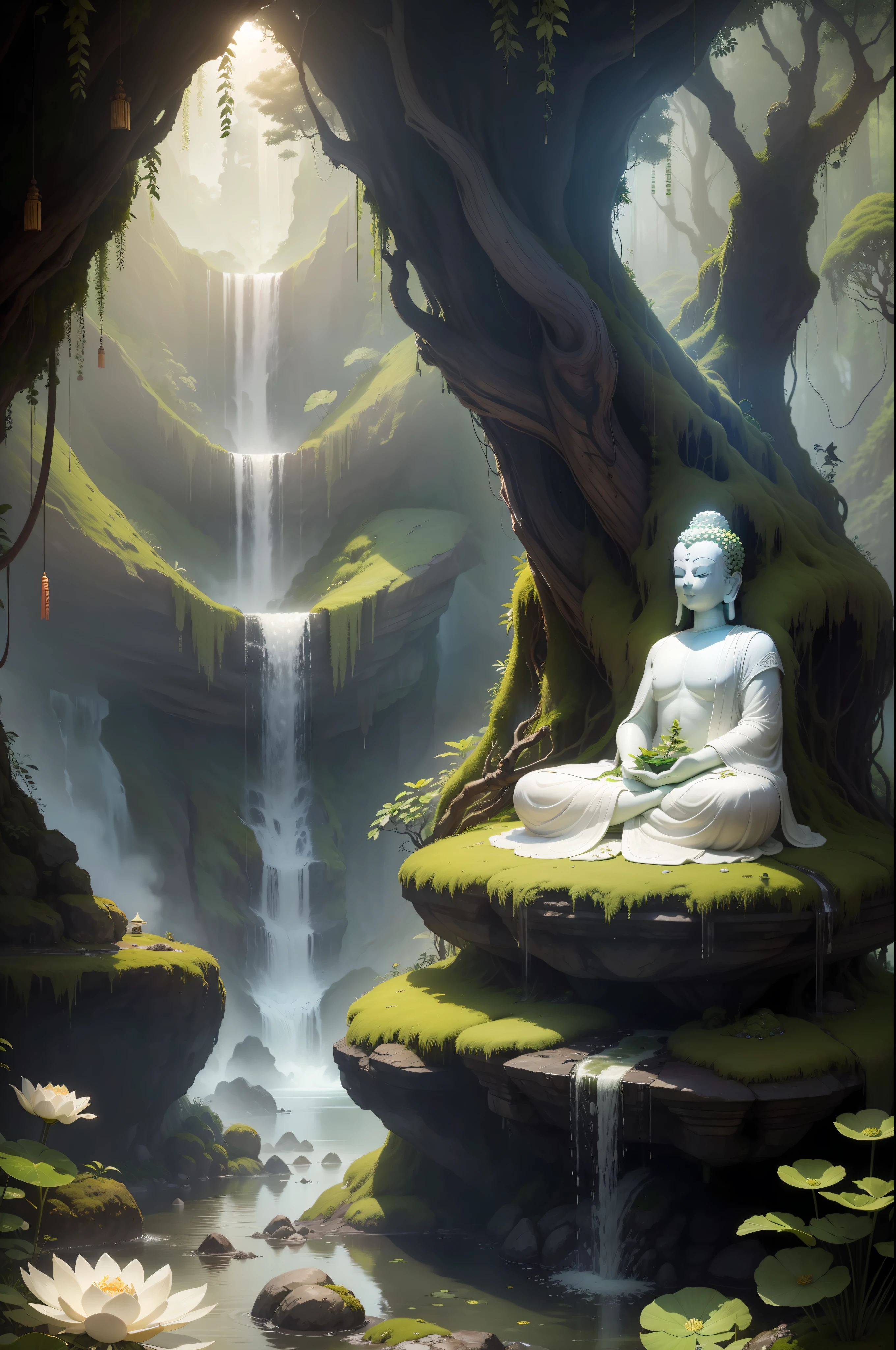 a buddha statue with moss on top and greenery on the distance, Chinese ancient times, spring, jungle, white lotus, stone buddha, lake, cave, waterfall, tree, meadow, rock, deer, hot spring, water vapor, (illustration: 1.0), epic composition, realistic lighting, HD details, masterpiece, best quality