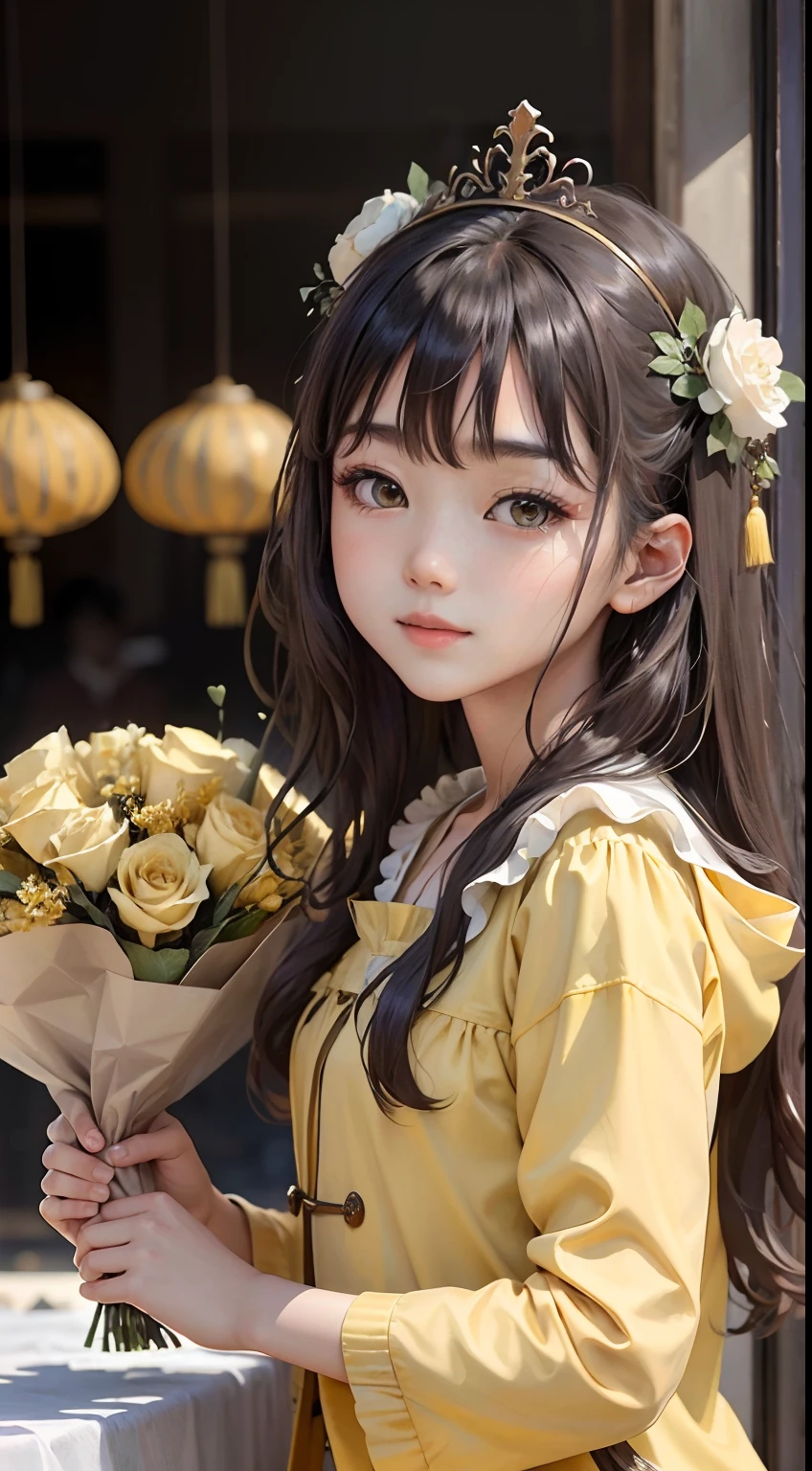 Beautiful long hair cute Chinese girl,Twenty-two years old,(face round:1.3),A shallow shy smile,（large black eyes）,（Very detailed and perfect facial depiction）,(Long dark brown hair:1.1),（Half-body appearance）,With a crown on his head,Light yellow-green silk fabric,Birthday is being celebrated,Moments of happiness,Happy look,(A variety of flowers:1.2),（surrounded by flower:1.2),（Beautifully decorated birthday cake:1.2),happy birthay,good luck,joy,Sprinkle flowers,Beautiful girl,（light and shadow effect）,（vivd colour）,（Color splattering）,（Obvious layers）,（Ink painting style）,（Photography Award）,（8k wallpaper）,（Masterpiece）,（best qualtiy）,A picture,realisticlying