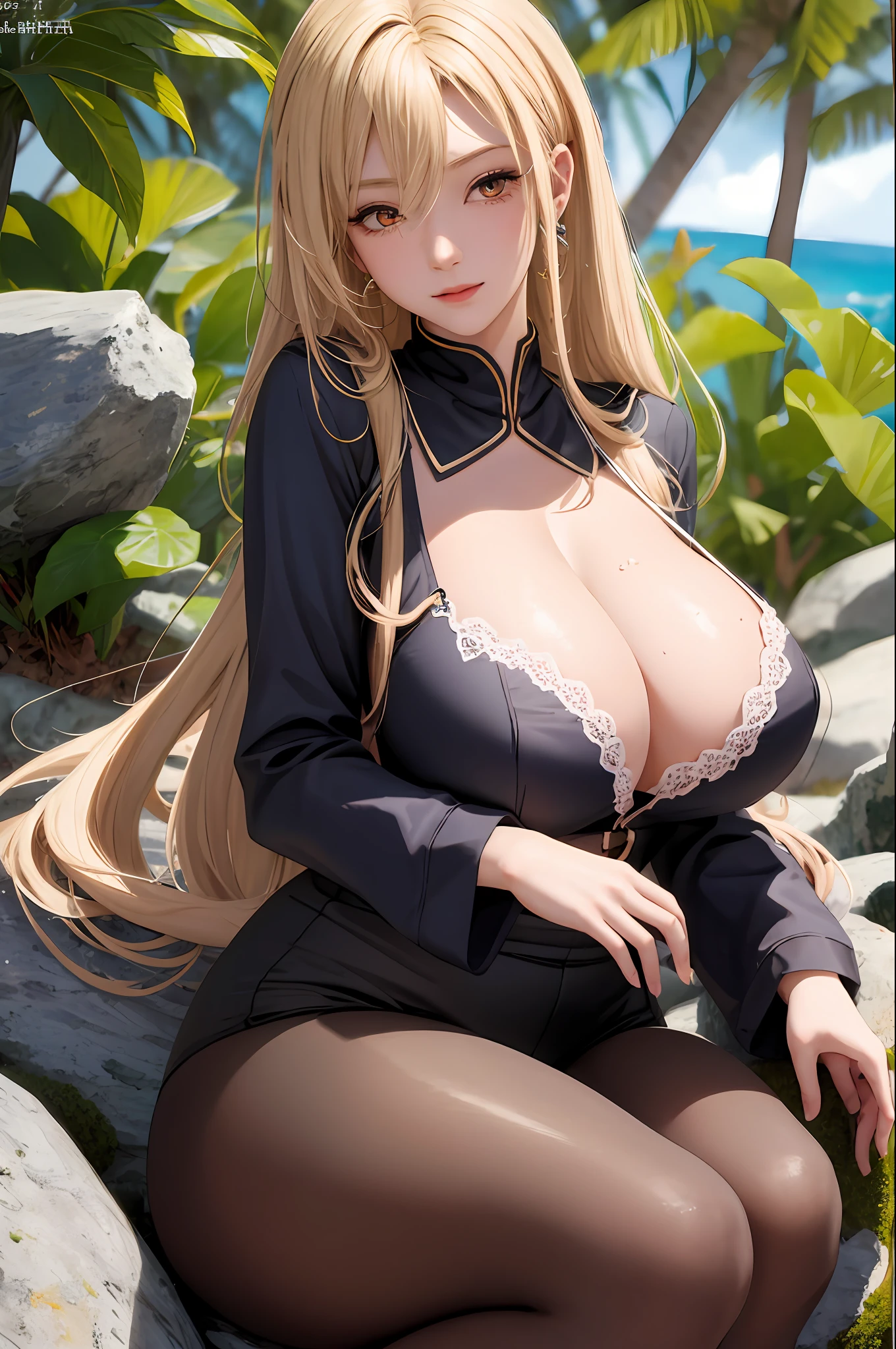 （hyper qualit，tmasterpiece，aethereal：1.4）nagatiti（huge tit：1.6）（Hang on the breast：1.5）（breasts squeezed：1.3）（Bimbo 1.4）（Disproportionate tits：1.4）（hentail realism：1.2）（Realistis：1.2）（absurderes：1.4）8K，ultra - detailed，（（detailed beautiful mature face）），Debauched expression，gyaru，Adult rocks，shores，（Bank：1.2） （Sat down：1.4）Sit on the rocks，the trees，a plant，（bushi：1.2）wave（harsh：1.2）（Ultra-detailed water：1.1） （独奏：1.4）1girll（face to the viewer：1.2）Intricate body details（A MILF： 1.5）（curves：1.3）Average waist，thick thight，asuna yuuki，Honey blonde[long whitr hair]（Sideburns：1.2）（Ill-fitting uniforms：1.3）tempting pose，a sexy pose，Tempting[Complex - perfect finger - hand]Perfect ultra-detailed orange eyes，lacepantyhose