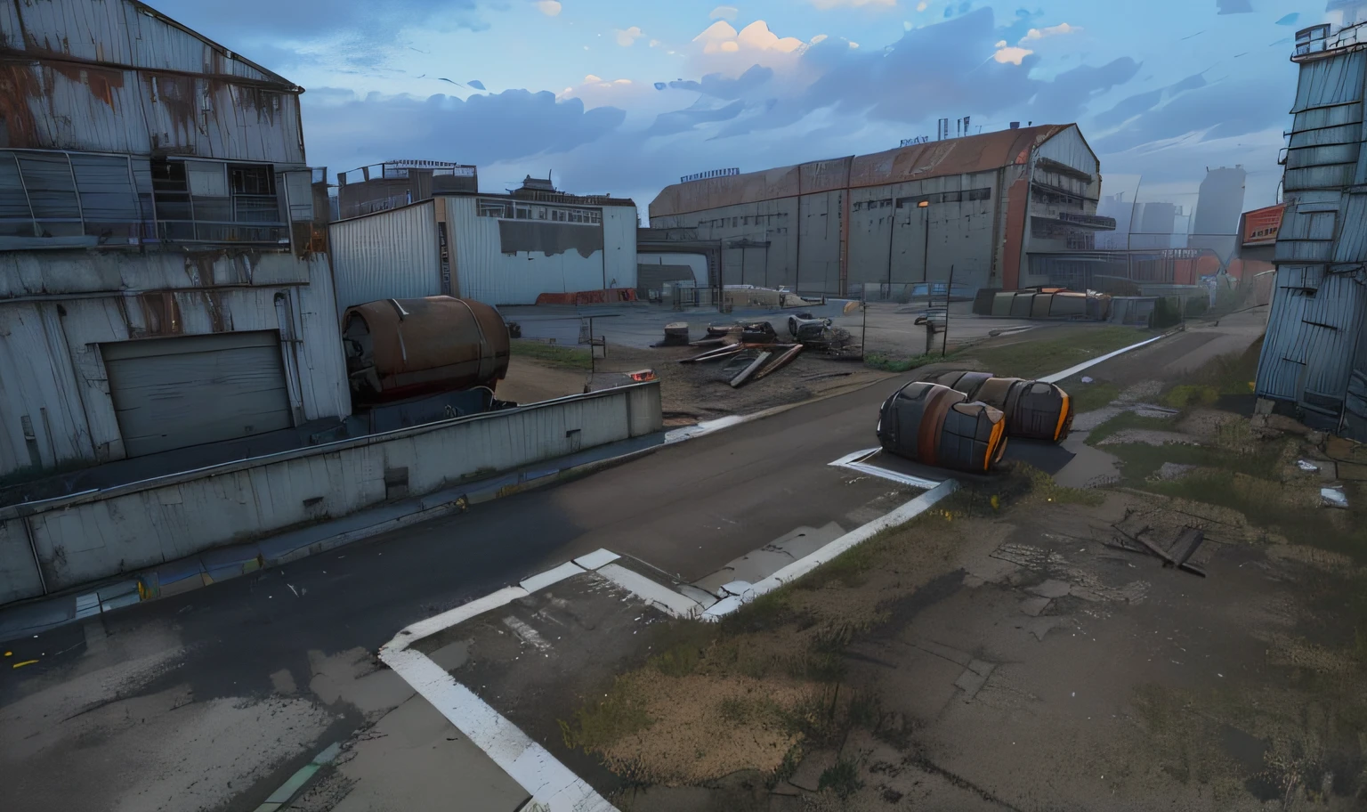 There are photos of warehouses near the city with a large number of buildings, Photo of an abandoned factory, Barrels on pallets, Pallets, The Broken Road, Dirty street background, Grass makes its way out from under the asphalt, Screenshot from the game, industrial setting, ingame image, Ландшафт Airsoft Arena, Industrial Environment, Realistic scene, Hyper-detailed scene, Industrial Environment, highly detailed scene, game cg, Steam Workshop Maps, Shot in the game, An asset of the RPG gaming environment