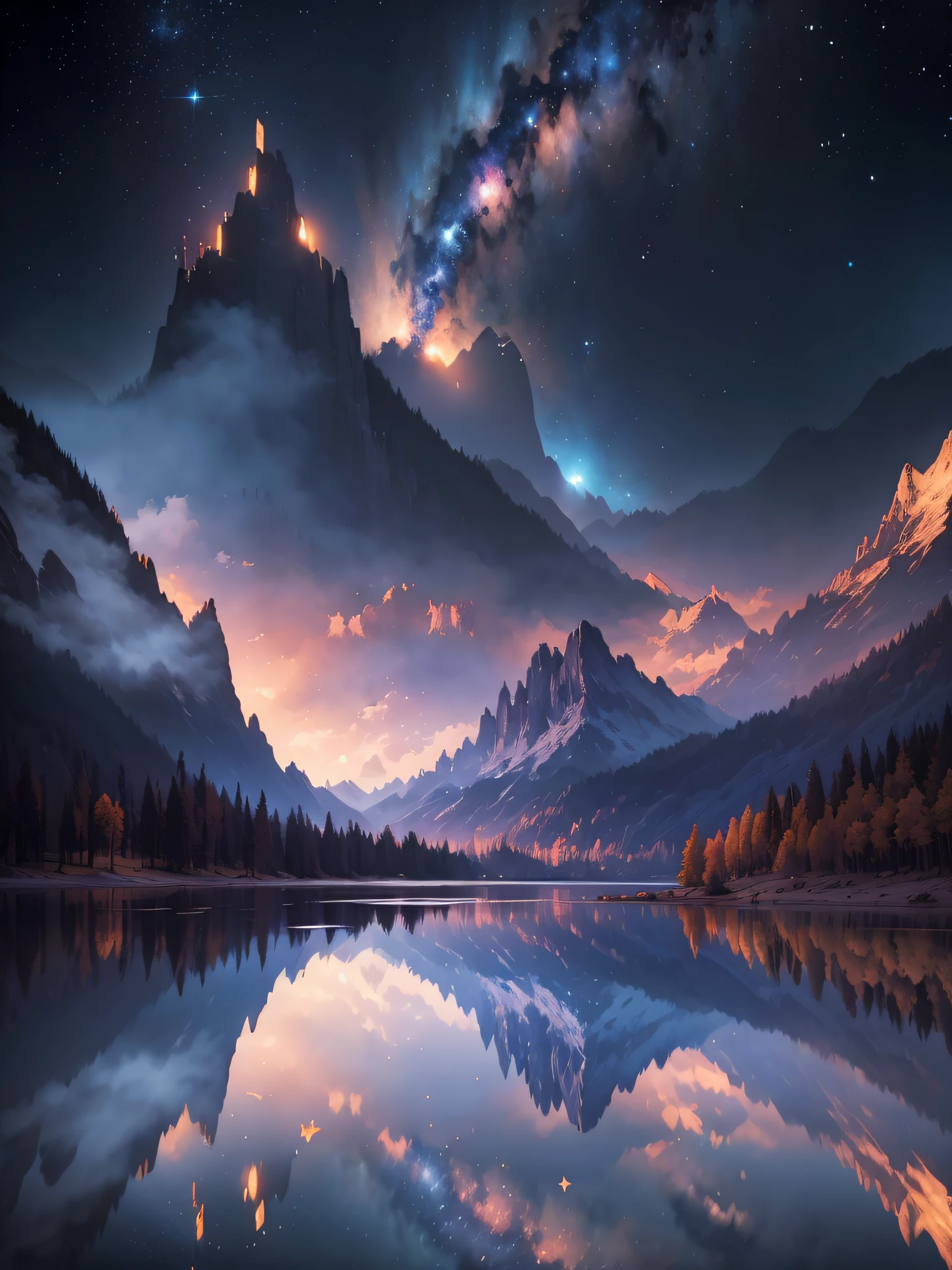 starry night sky with stars and mountains reflected in a lake, 4k highly detailed digital art, 8k stunning artwork, 4k detailed digital art, 8k high quality detailed art, dan mumford and albert bierstadt, epic fantasy sci fi illustration, anton fadeev and dan mumford, sci-fi fantasy wallpaper, impressive fantasy landscape, 8k hd wallpaper digital art