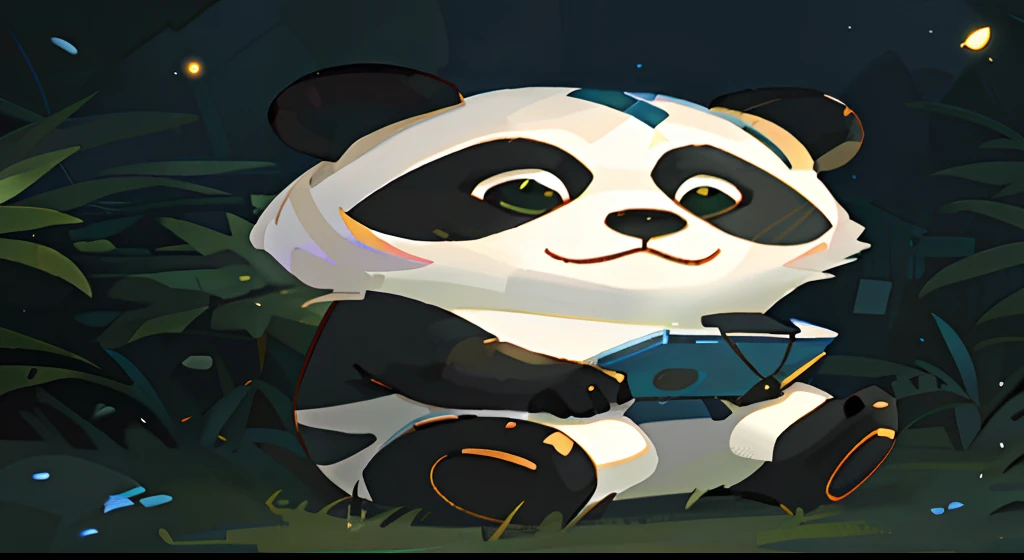 Cute cartoon panda sitting on grass at night,Handheld mobile phone,Flowers and plants surrounded by fireflies。It just rained,There are stars and moon in the blue sky,The lighting effects have a cinematic feel,A shimmer emits a shimmer。Use ray tracing technology,Creates an embossed, textured skin effect。High resolution of the picture,Achieve 4K Ultra HD quality。