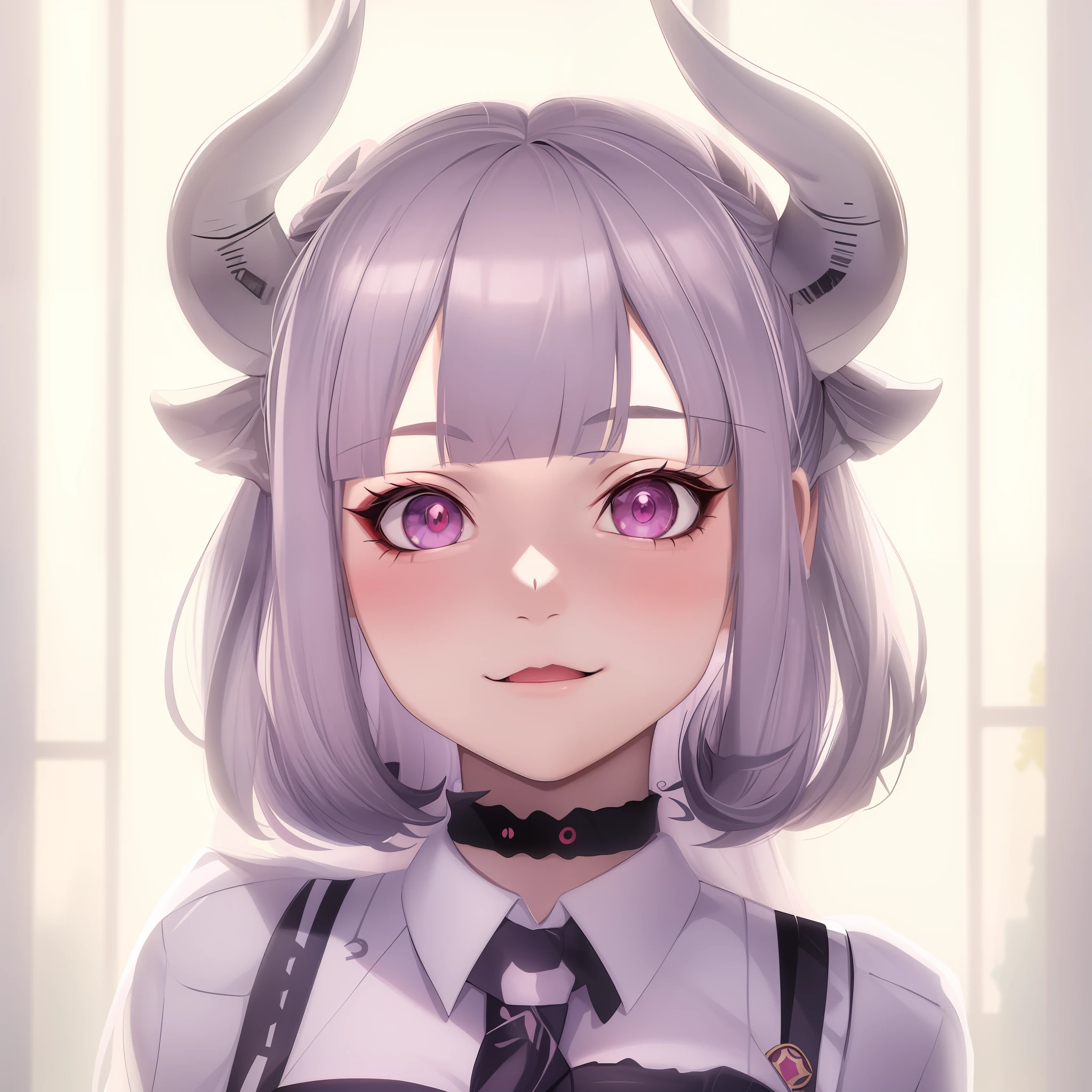 There is a doll with horns on her head and a tie, portrait of demon girl, anime demon, mika kurai demon, com chifres, Demon girl, anime hiper realista, white horns queen demon, Estilo anime 3D realista, photorealistic anime girl rendering, 3 d anime realista, eles chifres, chifres bonitos, render de abril, Menina na vida real