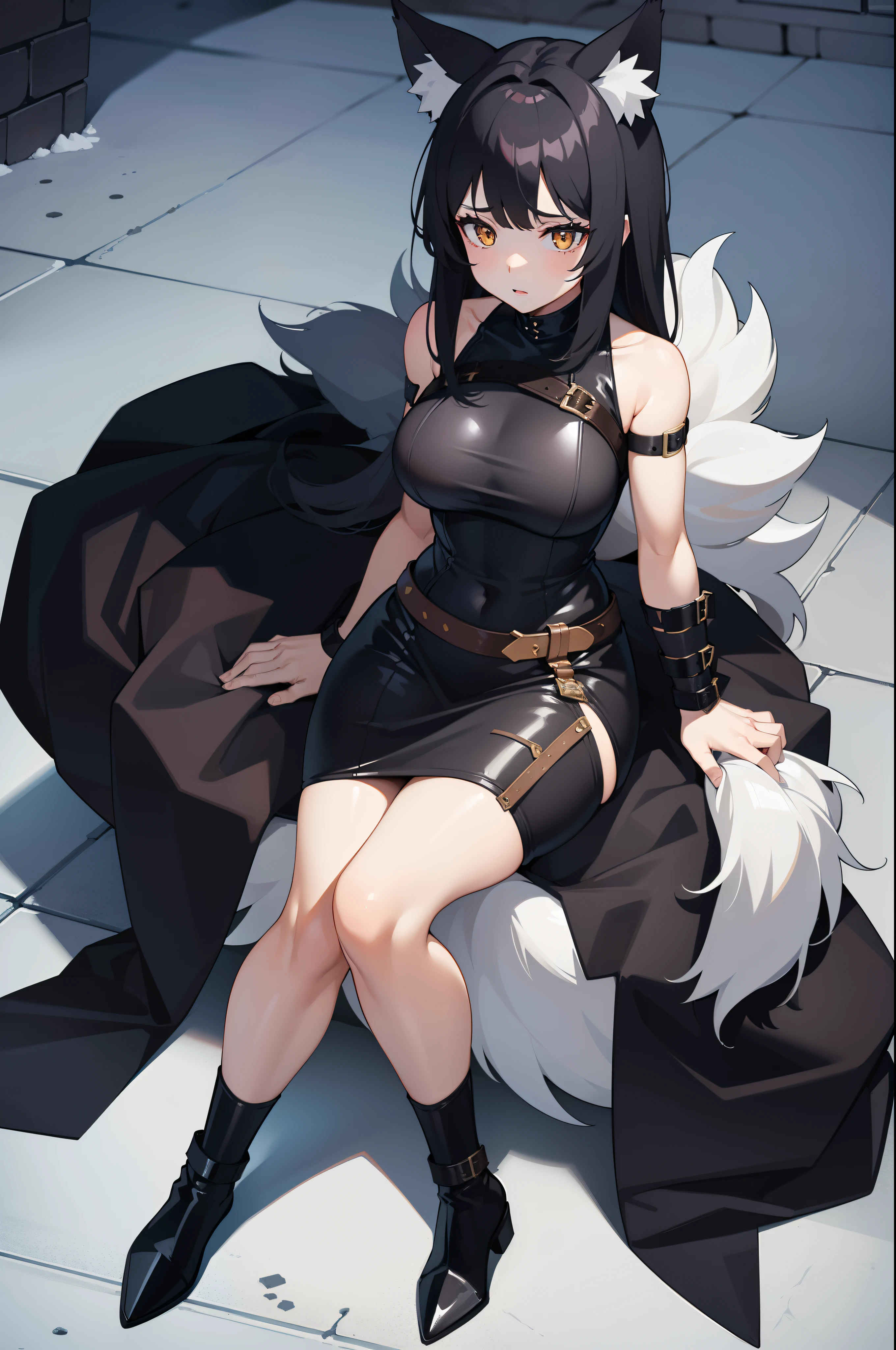 1girl, wolf girl, wolf ears, wolf tail, black hair, wide hips, thick thighs, full body, mature, leather armor, revealing clothes, adventurer,