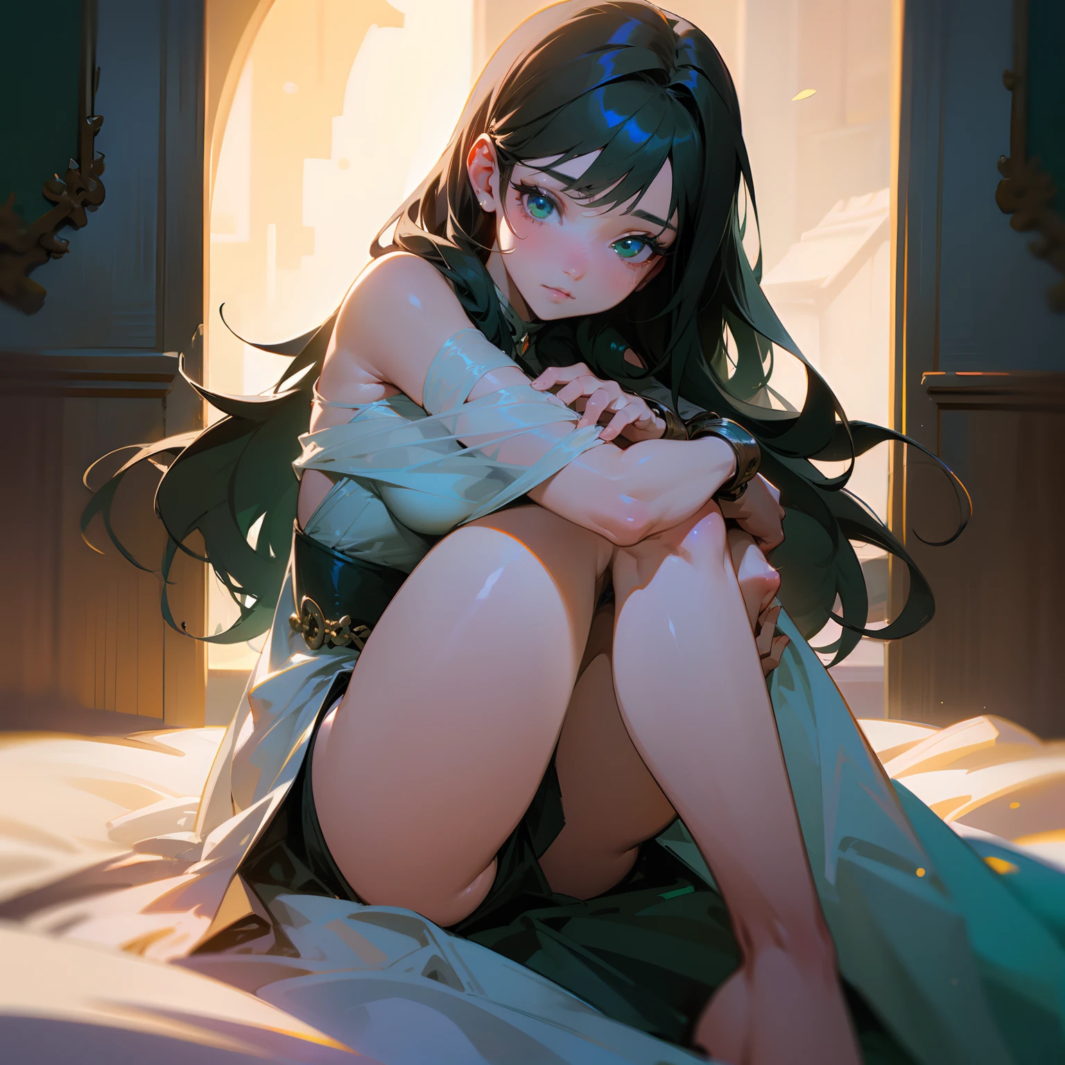 Sharp angle scene, Realistic, Pretty woman, Delicately detailed green eyes that shine with magic, A beautiful and soft face that shows the accuracy of its details and brilliance{thighs}{Chests}, Long black hair soft and flowing, Wear a short white evening dress, She sits hugging her legs on the roof of her house at night looking at the sky and the moonlight that illuminates the whole place,Soft cinematic lighting, perfect anatomy, Perfect anatomy of the eyes, highly detail, hdr, Line, glossy, downy, Flawless skin, realistic details, hdr, 8k