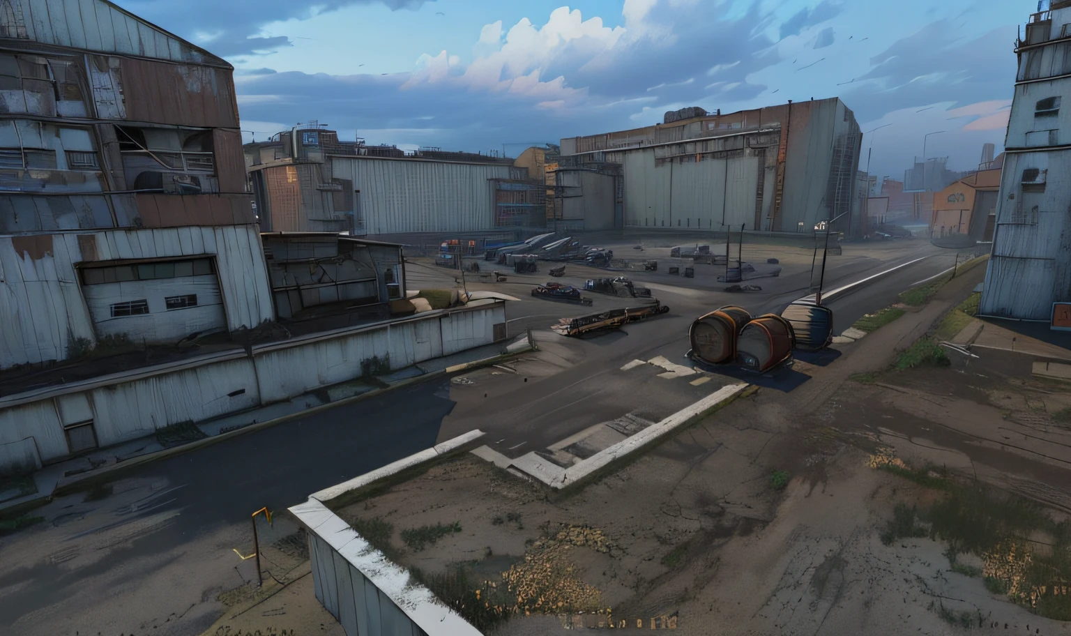 There are photos of warehouses near the city with a large number of buildings, Photo of an abandoned factory, Barrels on pallets,  Pallets, The Broken Road, Dirty street background, Grass makes its way out from under the asphalt, Screenshot from the game, industrial setting, ingame image, Ландшафт Airsoft Arena, Industrial Environment, Realistic scene, Hyper-detailed scene, Industrial Environment, highly detailed scene, game cg, Steam Workshop Maps, Shot in the game, An asset of the RPG gaming environment