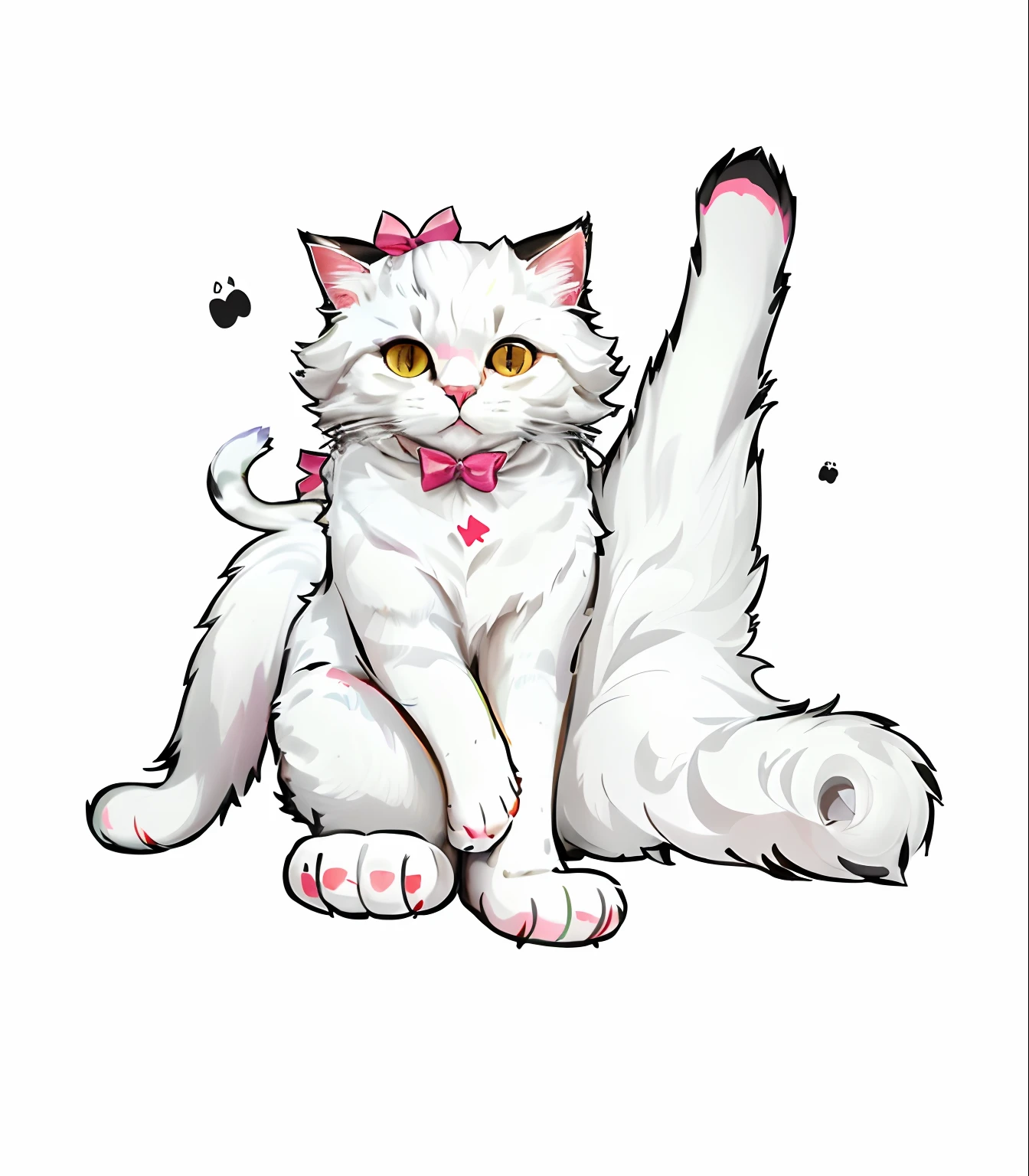 Close-up of a cat with a bow on its head, fluffy cat t - shirt design, White ( cat ) Girl, anthropomorphic female cat, very beautiful cute catgirl, White Cat Girl, Attractive cat girl, illustration of a cat, cat design, cat. Digital painting, Cute cat, beautiful cat feet, The cat is fluffy, Kawaii cat