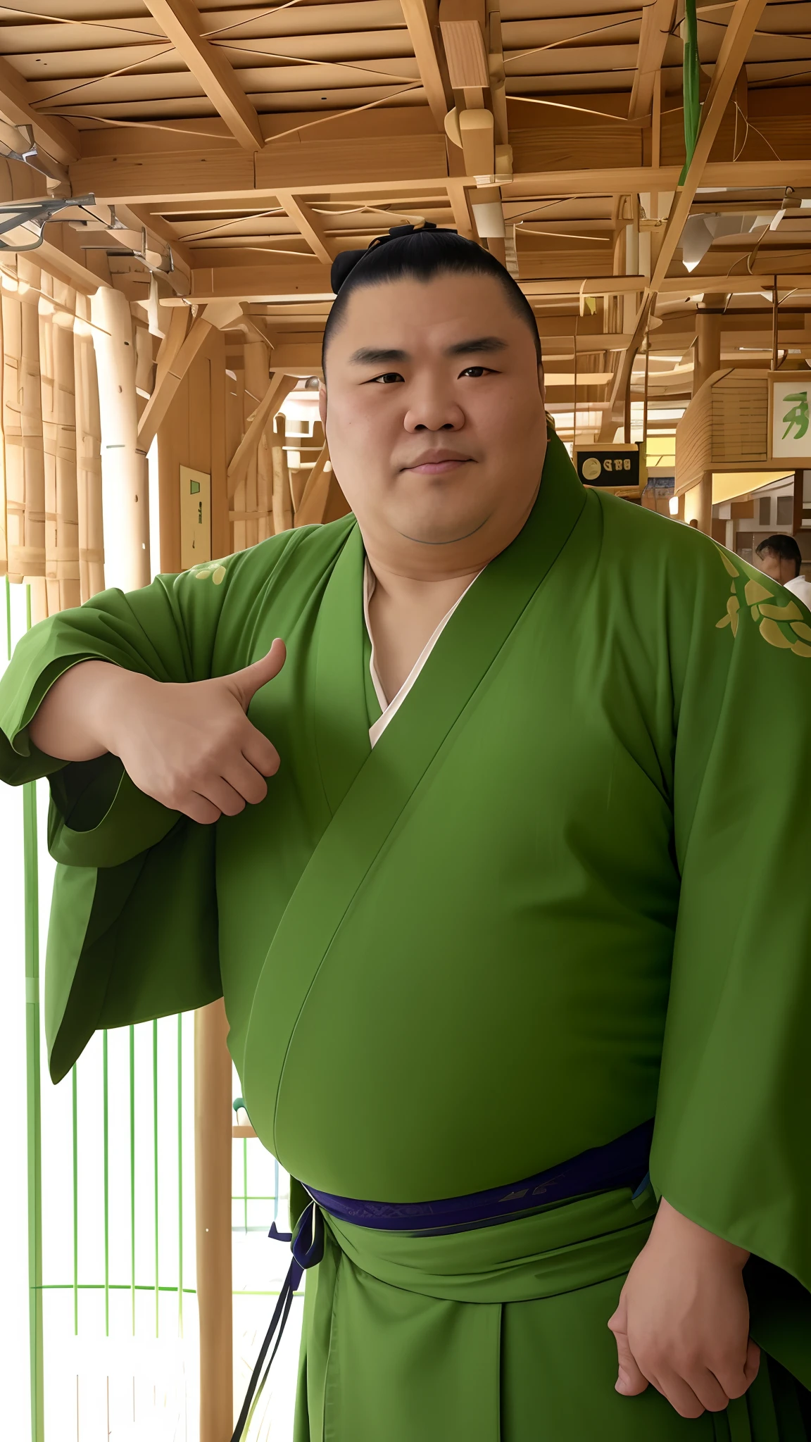 Arafe man in green kimono points to something, wearing only a green robe, sumo japanese, sumo wrestler, matoko shinkai, fujita goro!, kazuma kaneko, shinji kimura, inspired by Baiōken Eishun, as a character in tekken, inspired by Gatōken Shunshi, shikanosuke yagaki