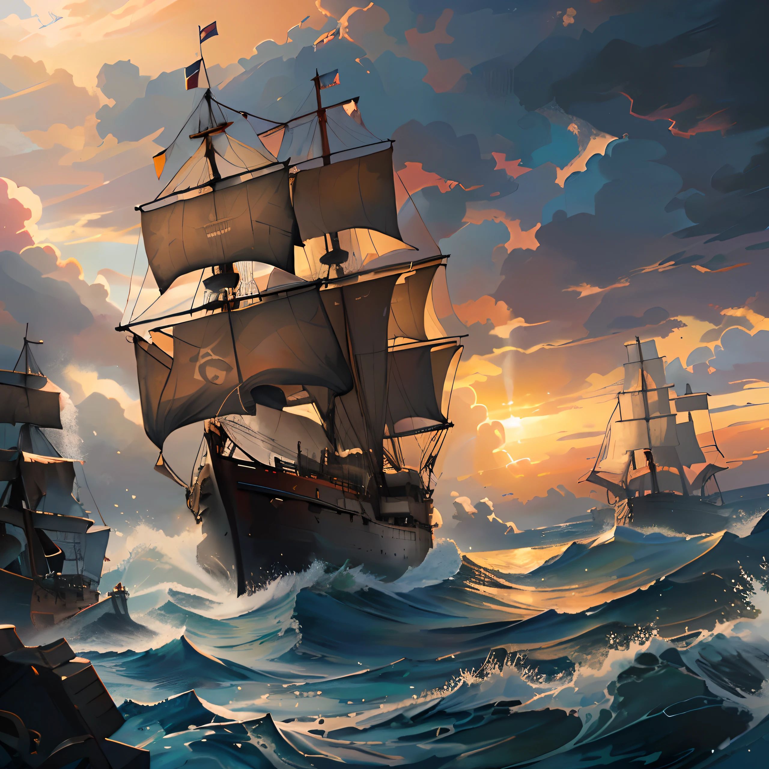 painting of a ship in a stormy sea with a sunset in the background, by Brian Thomas, pirate ships at war at night, a ship lost in a storm, sailing ships, by Daniel Ljunggren, by Jason Benjamin, ships with sails, by Tomasz Jedruszek, by Nikola Avramov, dramatic nautical scene, by Roman Bezpalkiv